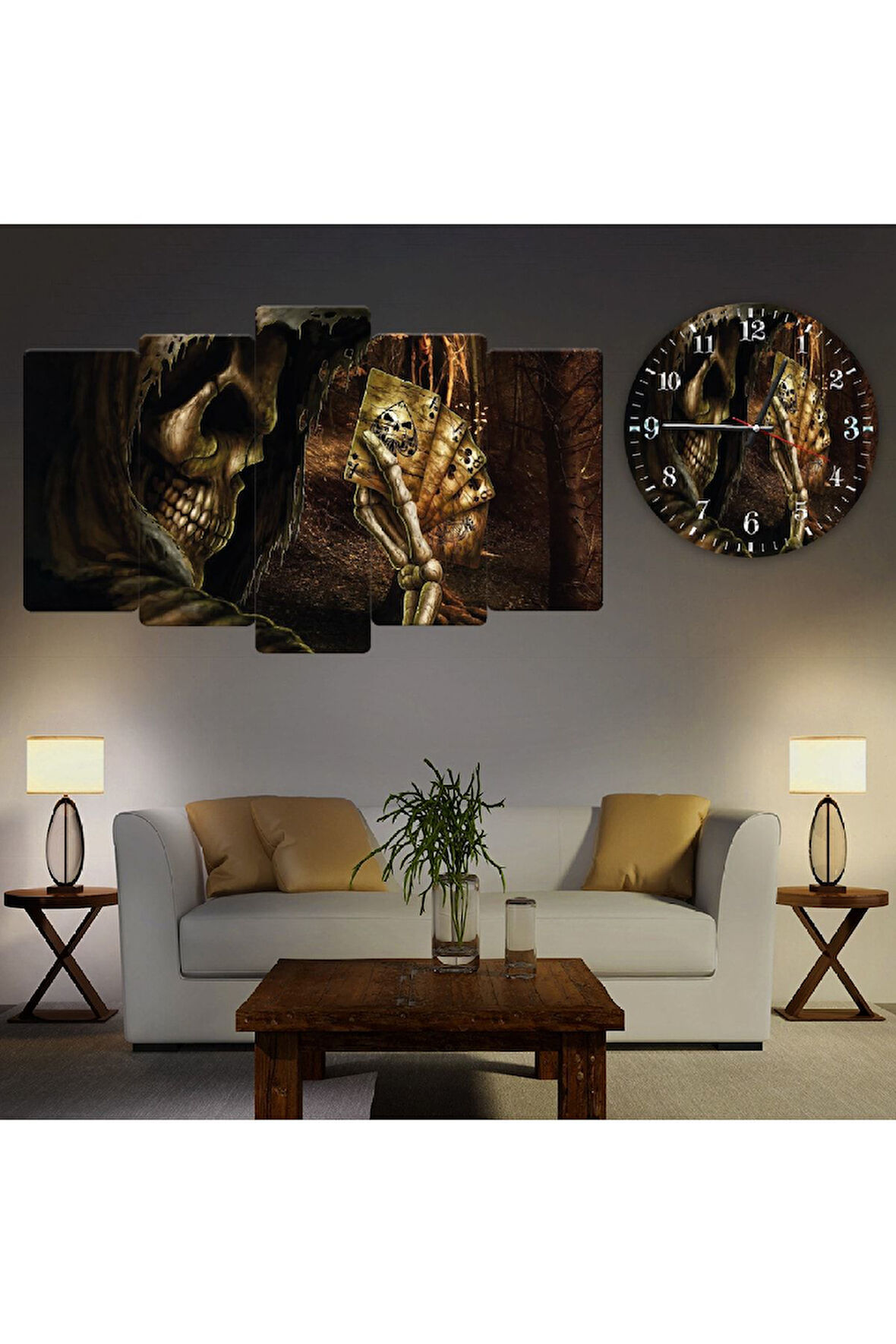 5 Parça Mdf Iskelet Görselli Tablo Ve Mdf Saat Kombin