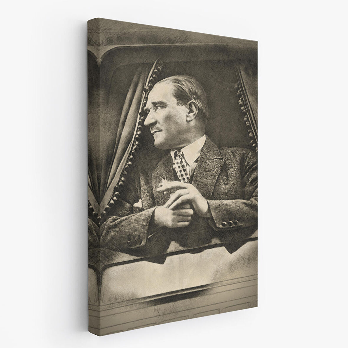 Mustafa Kemal Atatürk'ün Karakalem Görünümlü Portre Çizimi Dikdörtgen Dekoratif Kanvas Tablo-DE-82