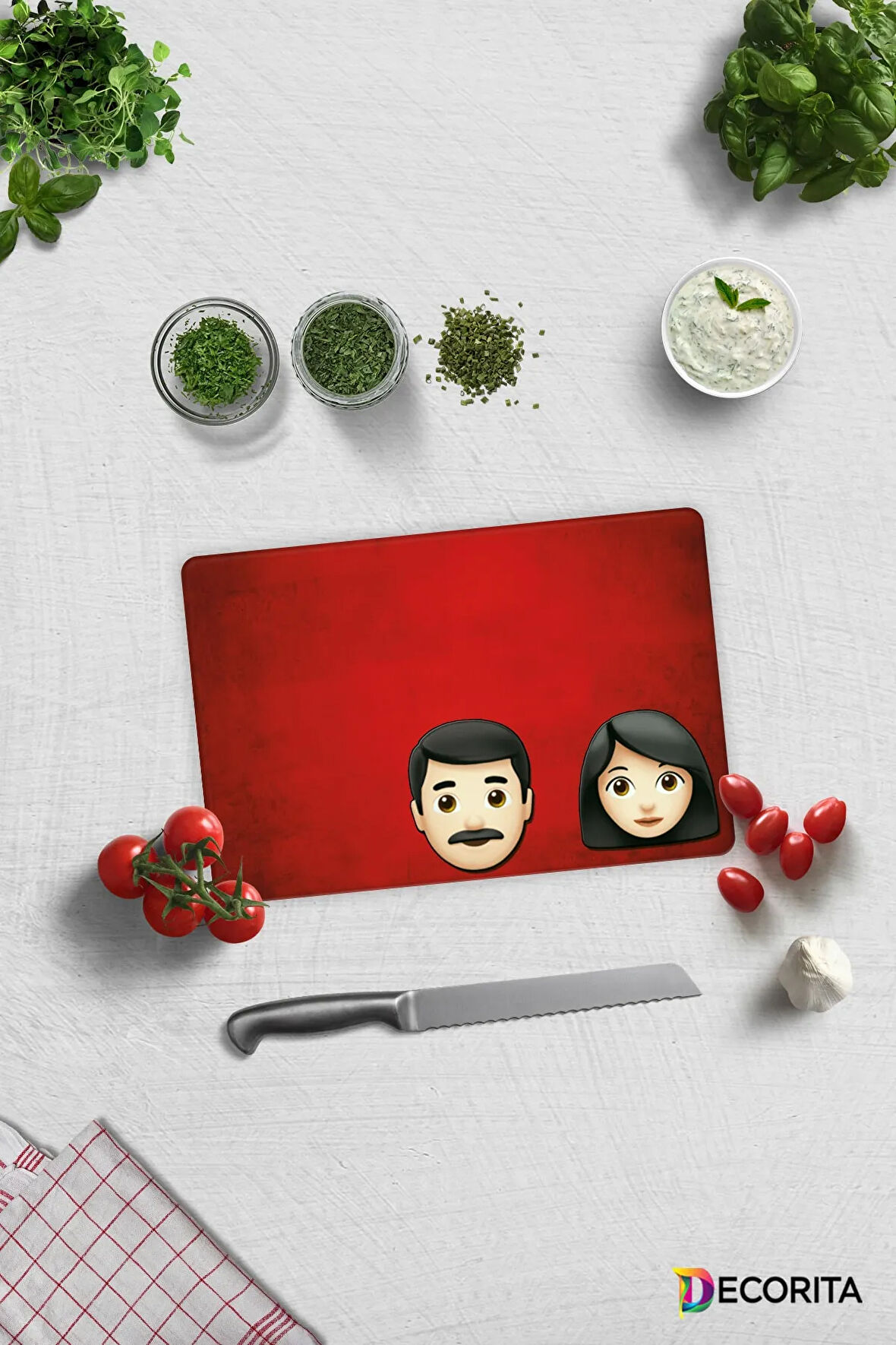Cam Kesme Tahtası - Cam Kesme Tablası | Emoji Ailesi Kadın & Erkek | 20cm x 30cm