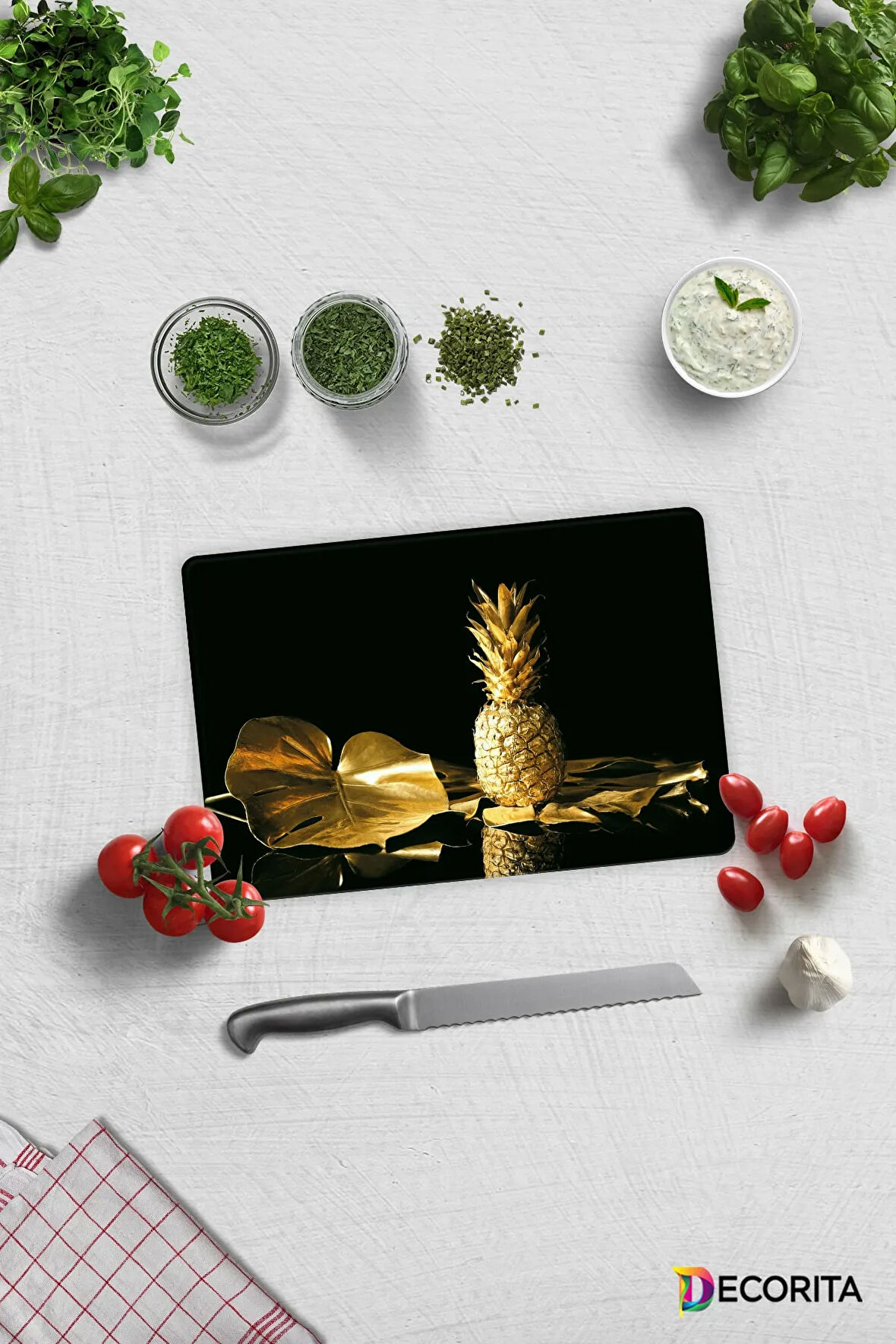 Cam Kesme Tahtası - Cam Kesme Tablası | Altın Ananas | 20cm x 30cm