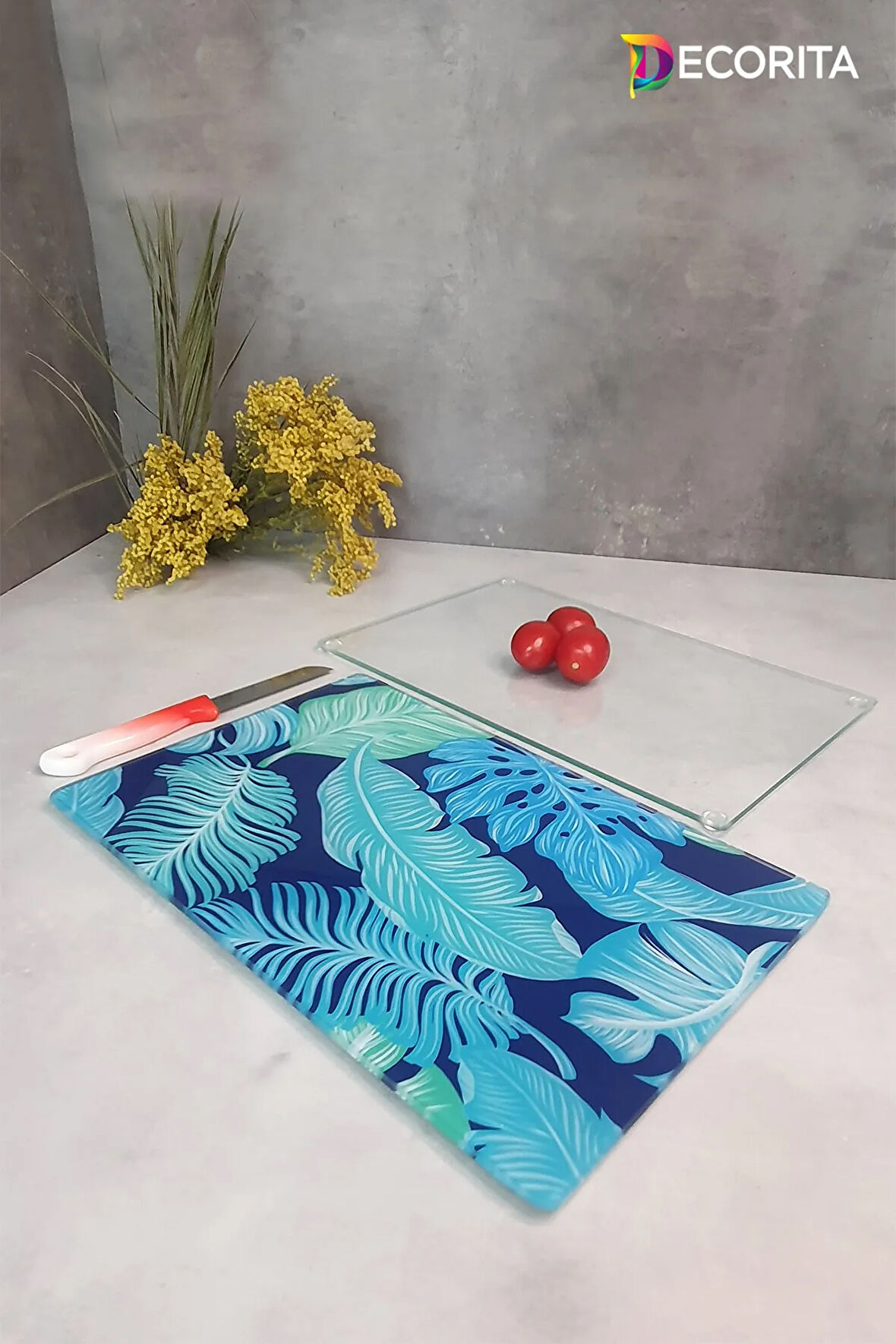 Cam Kesme Tahtası - Cam Kesme Tablası | 2'li Takım | Mavi Tropik Yapraklar ve Saydam | 20cm x 30cm