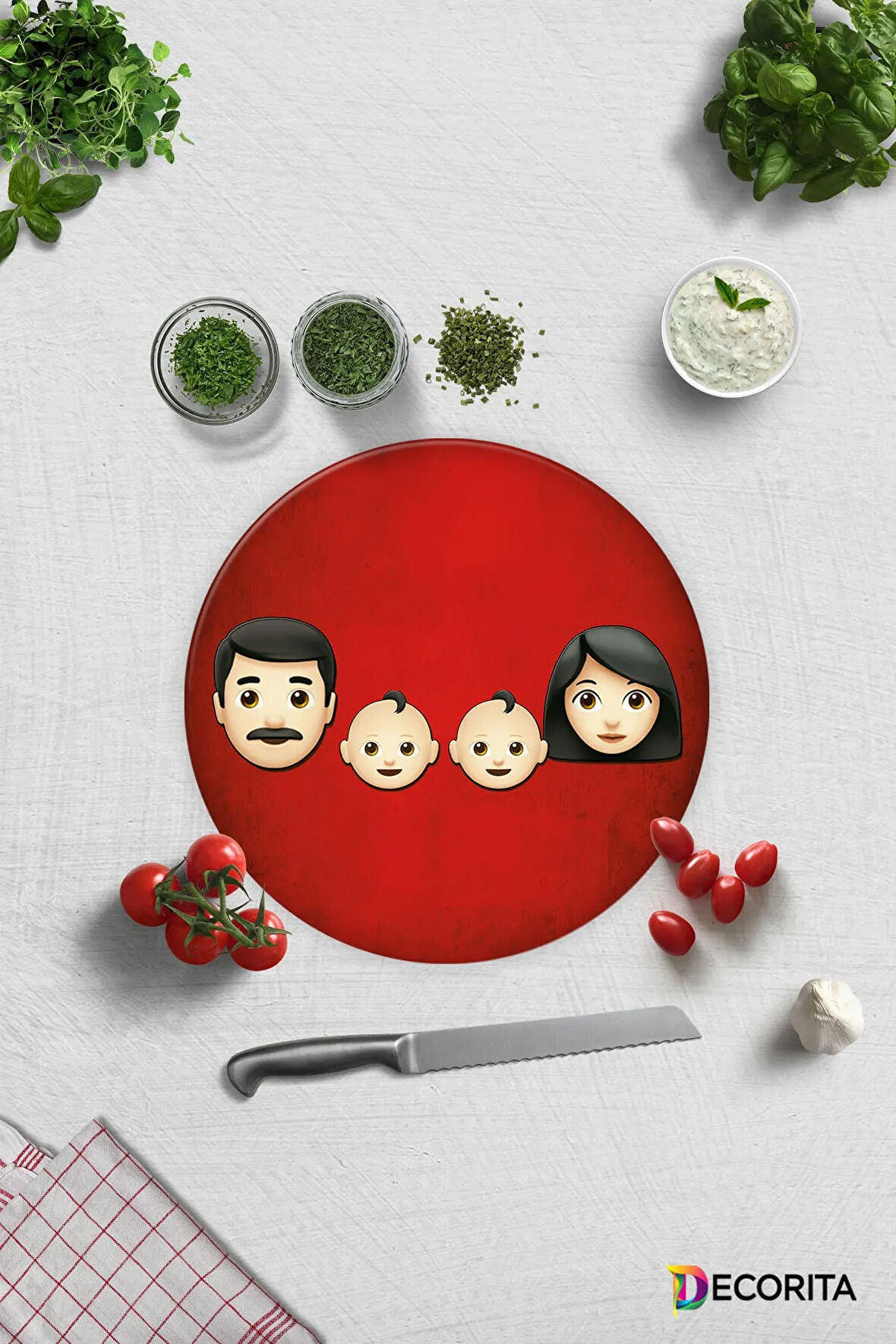 Cam Kesme Tahtası - Cam Kesme Tablası | Emoji Ailesi | Anne & Baba & Çocuk | Çap32cm