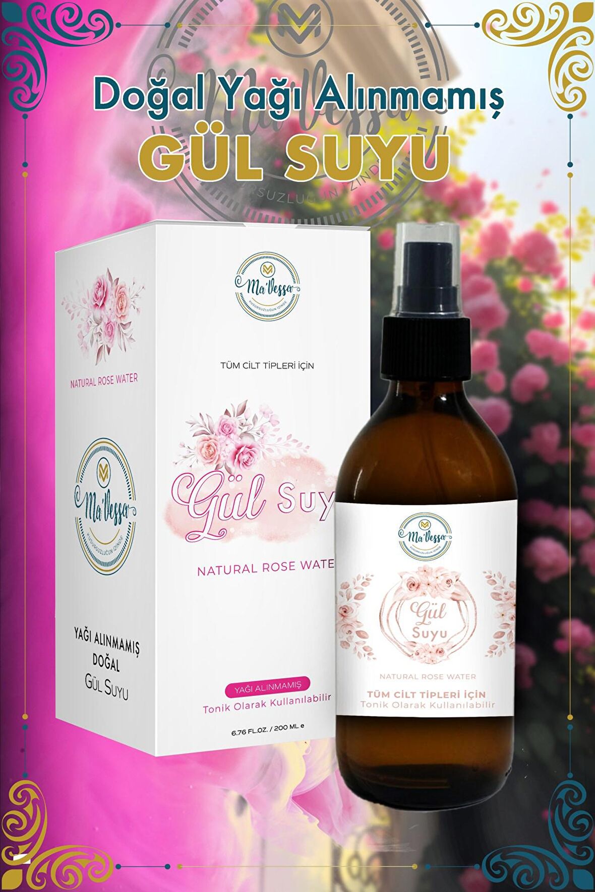 % 100 Doğal Gül Suyu, Gözenek Sıkılaştırıcı, Aydınlatıcı ve Arındırıcı Saf Gül Suyu Tonik 200 ml