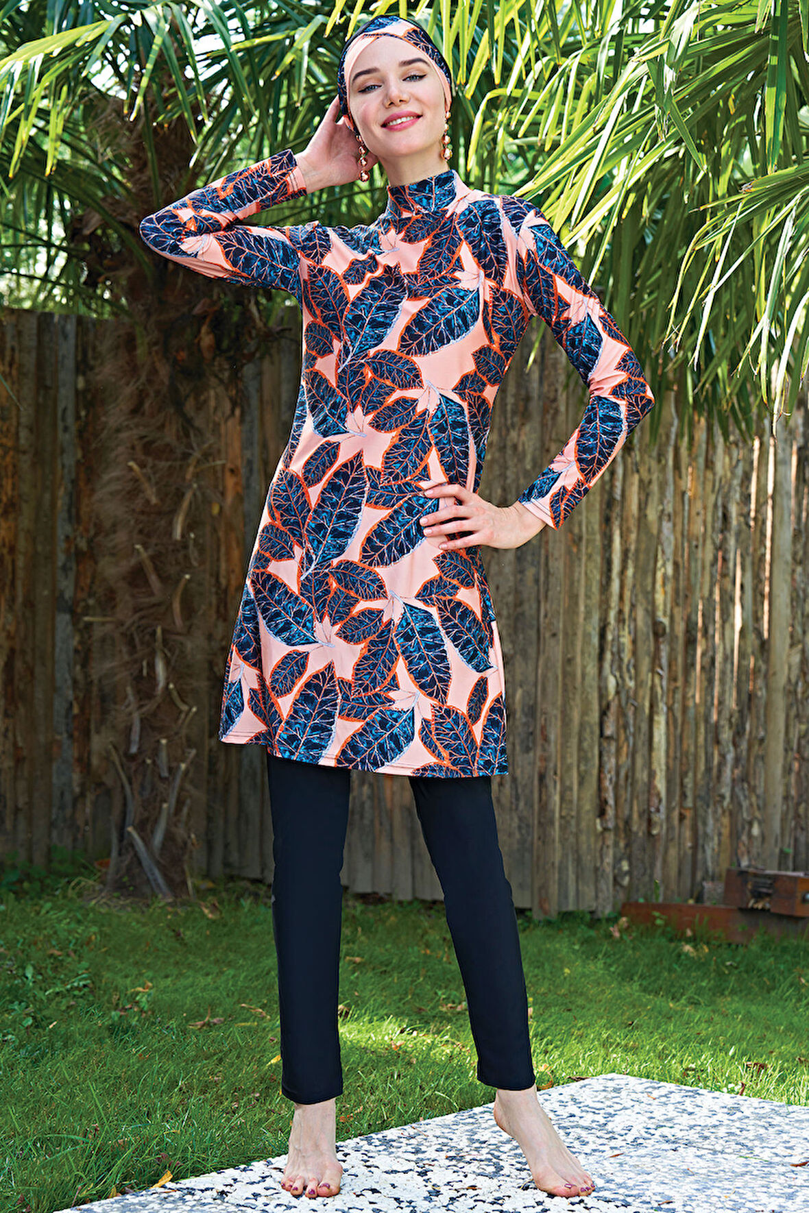 RUKOMAYO YAPRAK DESENLİ LYCRA ( SU İTİCİ VE ÇABUK KURUYAN ) KUMAŞ TESETTÜR MAYO