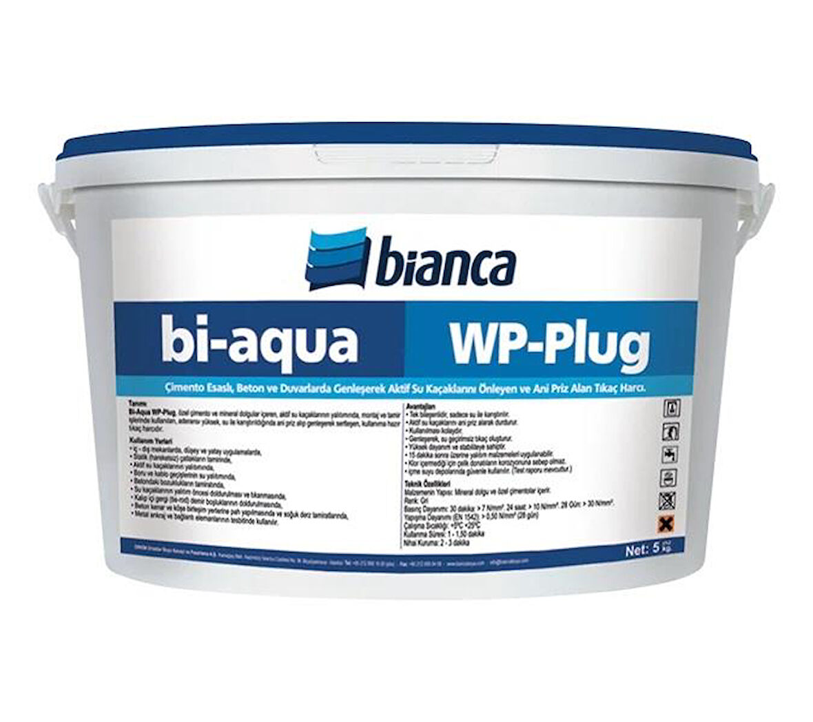 Bianca Bi-Aqua Wp-Plug Çimento Esaslı, Beton ve Duvarlarda Genleşerek Aktif Su Kaçaklarını Önleyen ve Ani Priz Alan Tıkaç Harcı 5 Kg