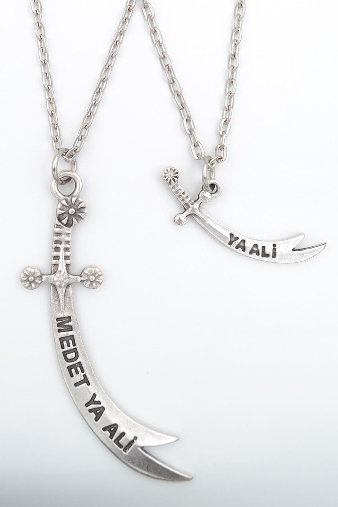 2'li Zülfikar Kılıç - Ya Ali Kılıç Erkek Kadın Kolye Seti 925 Ayar Gümüş Kaplama