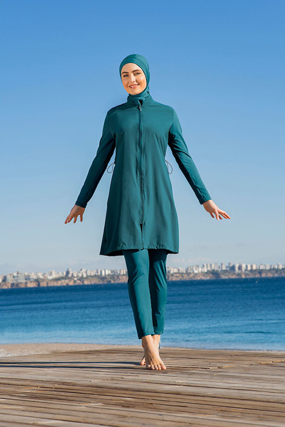 RUKOMAYO YEŞİL BALIKÇI YAKA FERMUARLI LYCRA PARAŞÜT ( SU İTİCİ VE ÇABUK KURUYAN ) KUMAŞ TESETTÜR MAYO