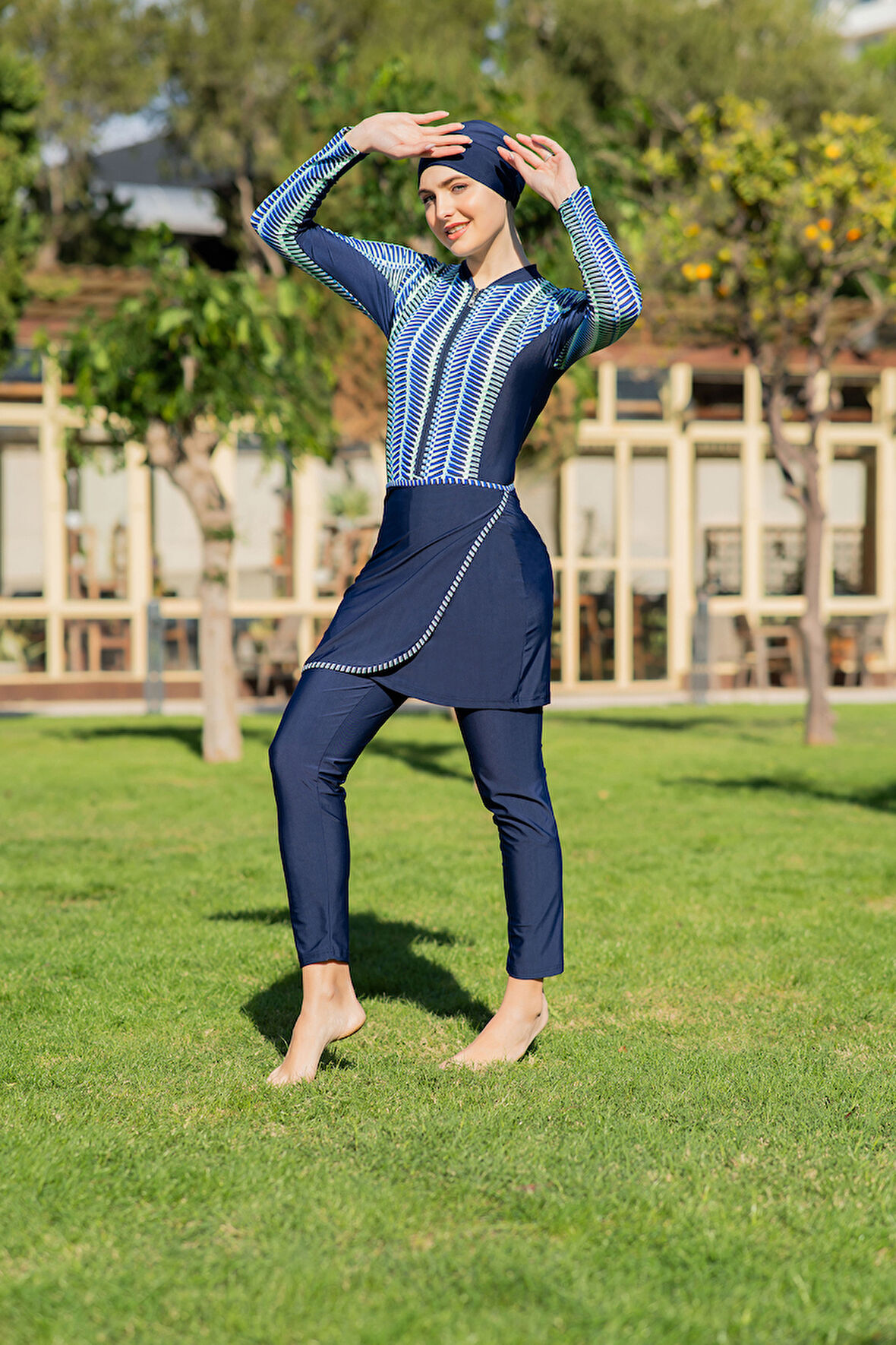 RUKOMAYO LACİVERT DESENLİ 3'LÜ TAKIM YÜZÜCÜ MODEL  LYCRA ( SU İTİCİ VE ÇABUK KURUYAN ) KUMAŞ TESETTÜR MAYO