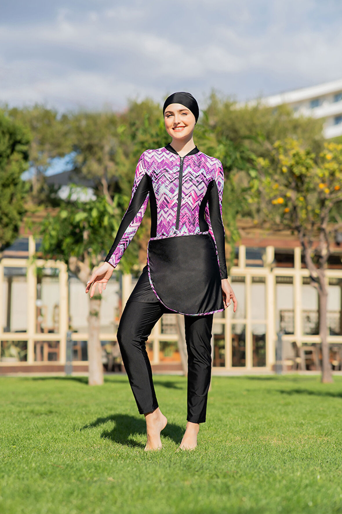 RUKOMAYO SİYAH DESENLİ 3'LÜ TAKIM YÜZÜCÜ MODEL  LYCRA ( SU İTİCİ VE ÇABUK KURUYAN ) KUMAŞ TESETTÜR MAYO