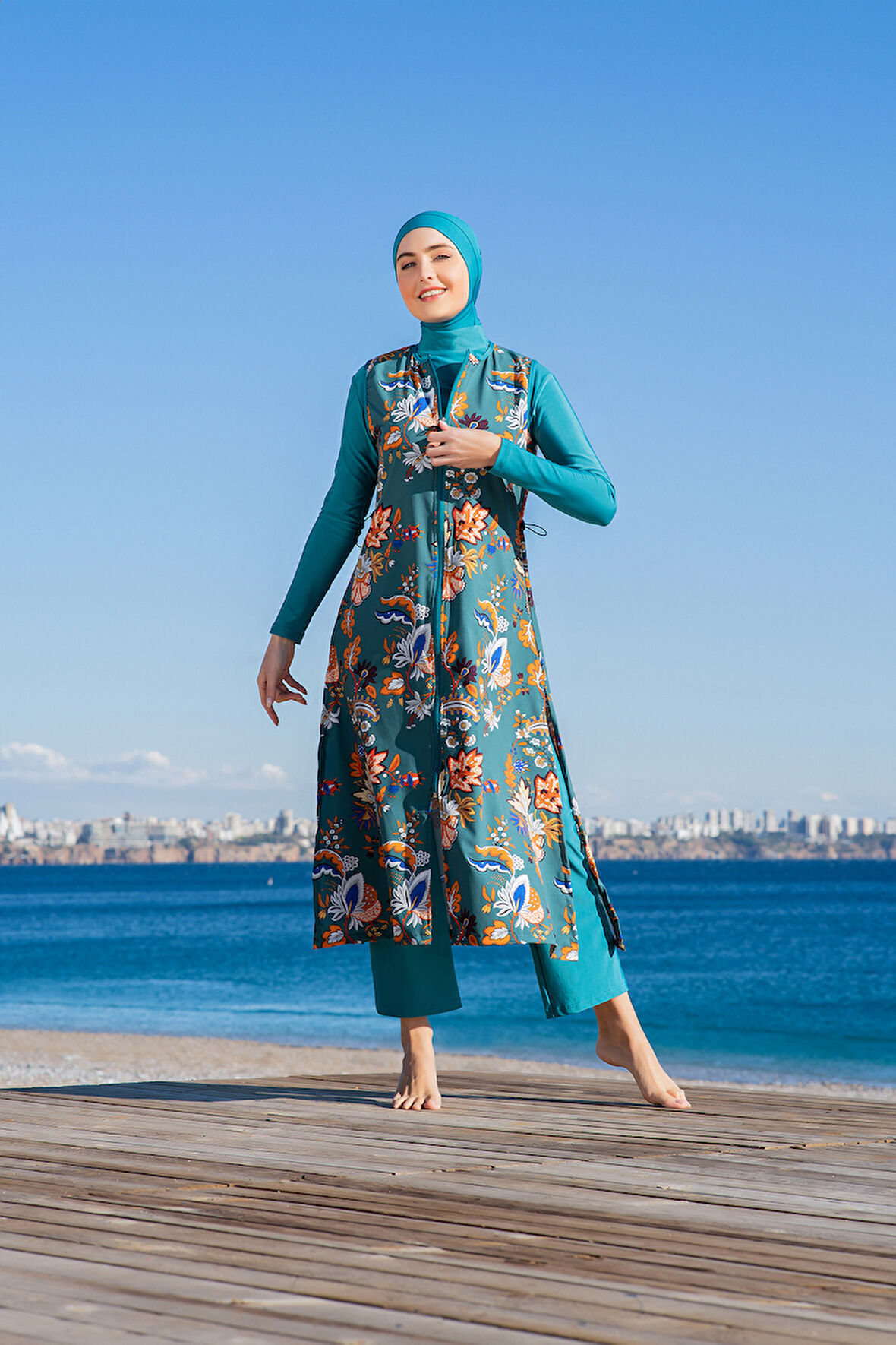 RUKOMAYO YEŞİL DESENLİ YELEKLİ 3'LÜ TAKIM  LYCRA PARAŞÜT ( SU İTİCİ VE ÇABUK KURUYAN ) KUMAŞ TESETTÜR MAYO