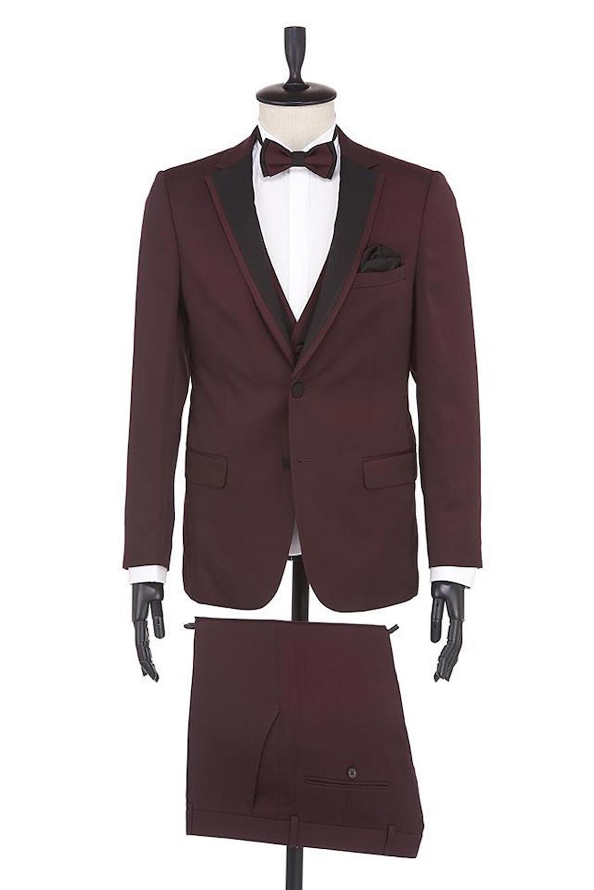 Desenli Armürlü Mono Yaka Astarlı Yelekli 6 Drop Slim Fit Dar Kesim Smokin Damatlık 1001190164 Bordo