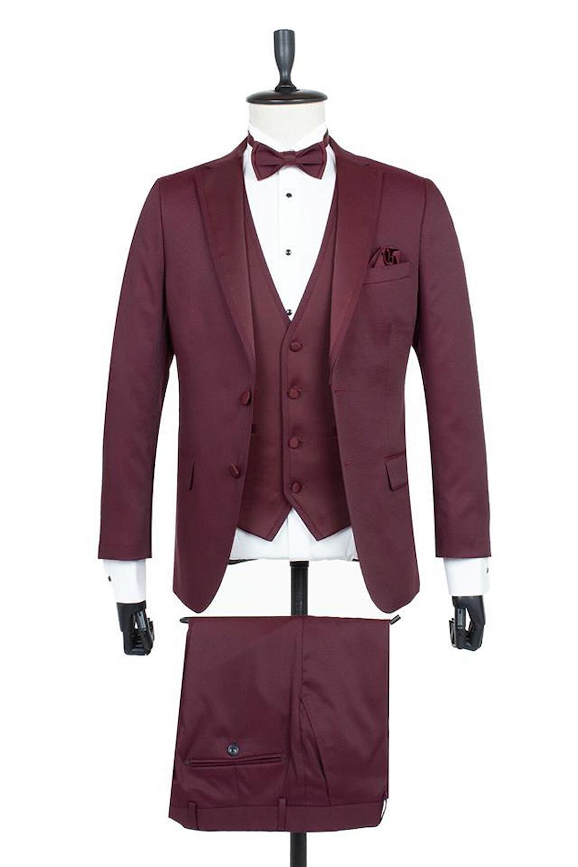 Desenli Armürlü Mono Yaka Astarlı Yelekli 6 Drop Slim Fit Dar Kesim Smokin Damatlık 1001195219 Bordo