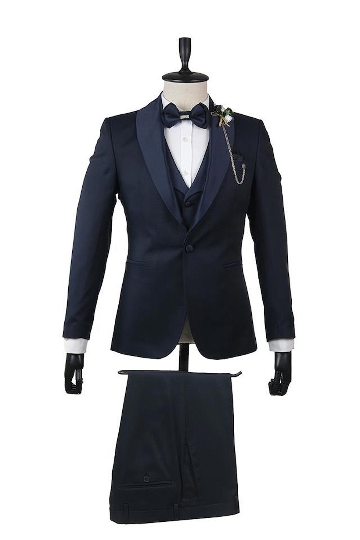 Desenli Şal Yaka Astarlı Yelekli 6 Drop Slim Fit Dar Kesim Smokin Damatlık 1001210103 Lacivert