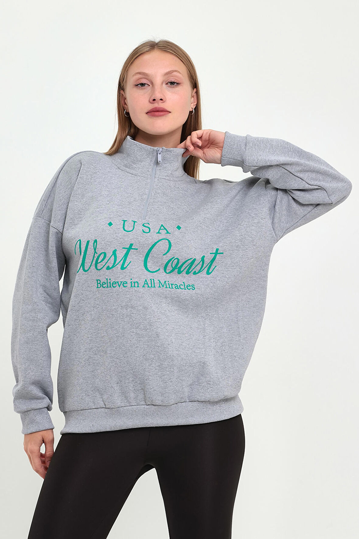 TEES LAB Kadın Gri Vintage Soft Yeşil Baskılı Sweatshirt 729620