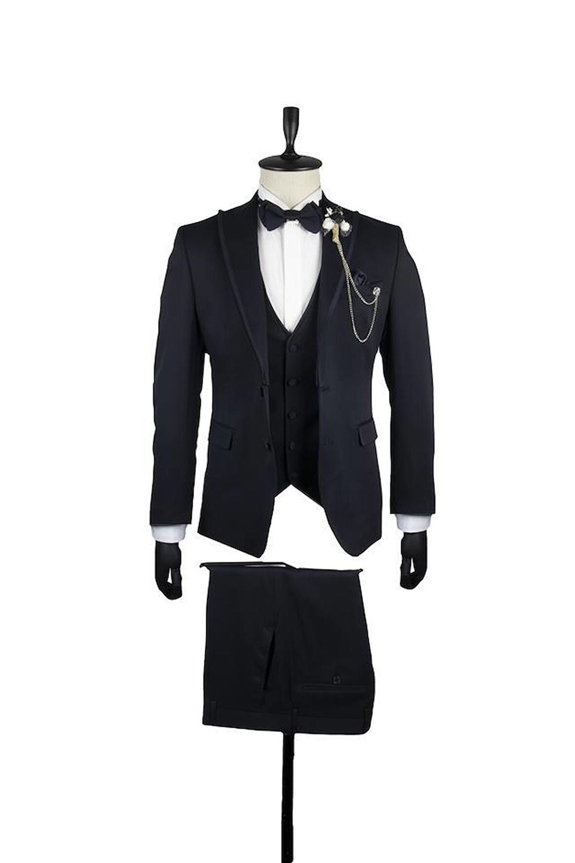Desenli Armürlü Mono Yaka Astarlı Yelekli 6 Drop Slim Fit Dar Kesim Smokin Damatlık 1001220201 Koyu Lacivert