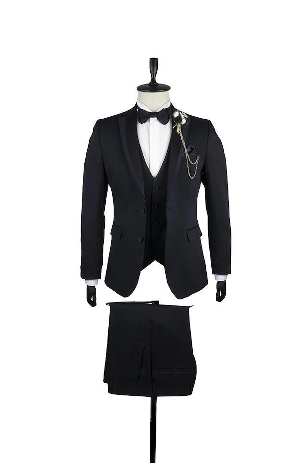 Desenli Armürlü Mono Yaka Astarlı Yelekli 6 Drop Slim Fit Dar Kesim Smokin Damatlık 1001220202 Koyu Lacivert