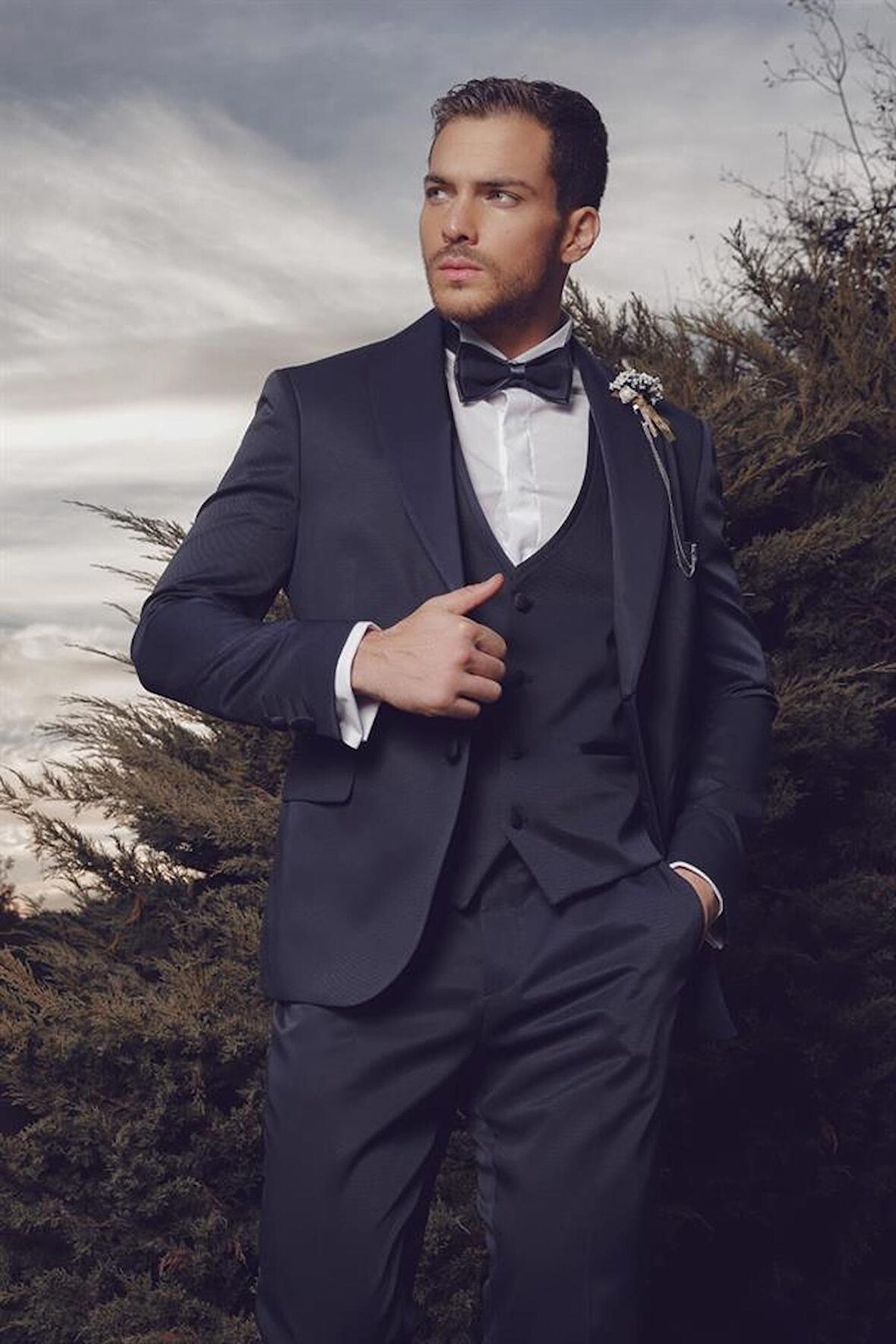 Desenli Armürlü Mono Yaka Astarlı Yelekli 6 Drop Slim Fit Dar Kesim Smokin Damatlık 1001220205 Koyu Lacivert