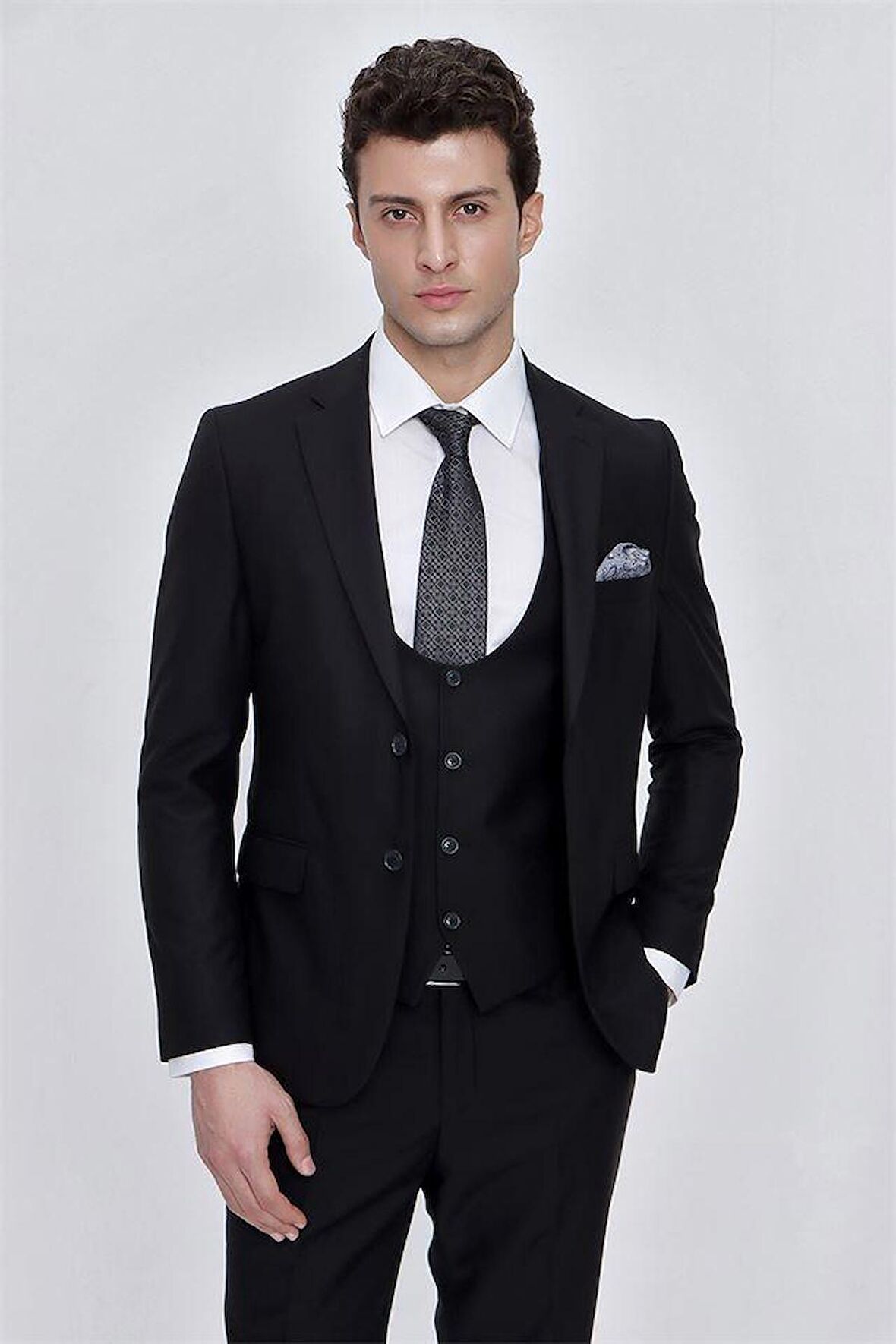 Mono Yaka Astarlı Yelekli 6 Drop Slim Fit Dar Kesim Takım Elbise 1001225186 Siyah