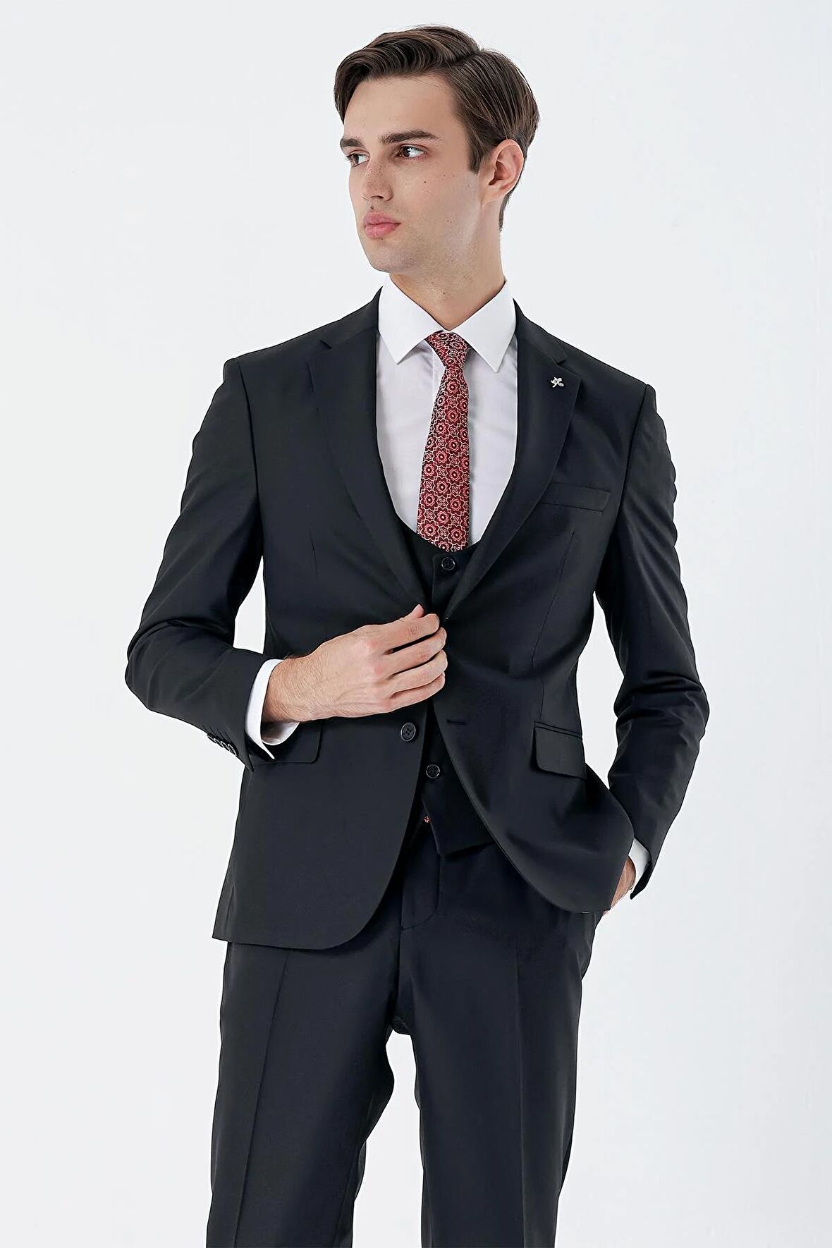 Siyah Mono Yaka Astarlı Çift Yırtmaç Yelekli 6 Drop Slim Fit Dar Kesim Basic Takım 1001230186