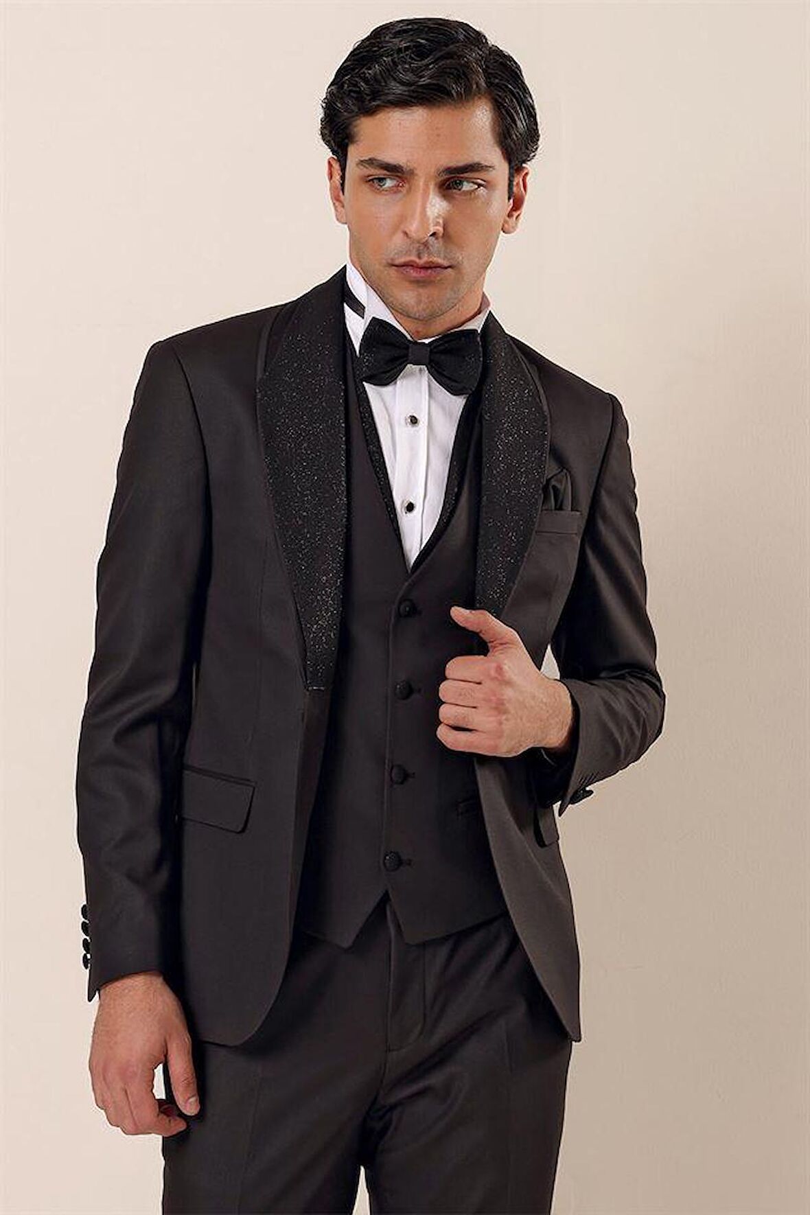 Desenli Çıkarılabilir Şal Yaka Yelekli 6 Drop Slim Fit Smokin Damatlık Takım 1001230203 Siyah