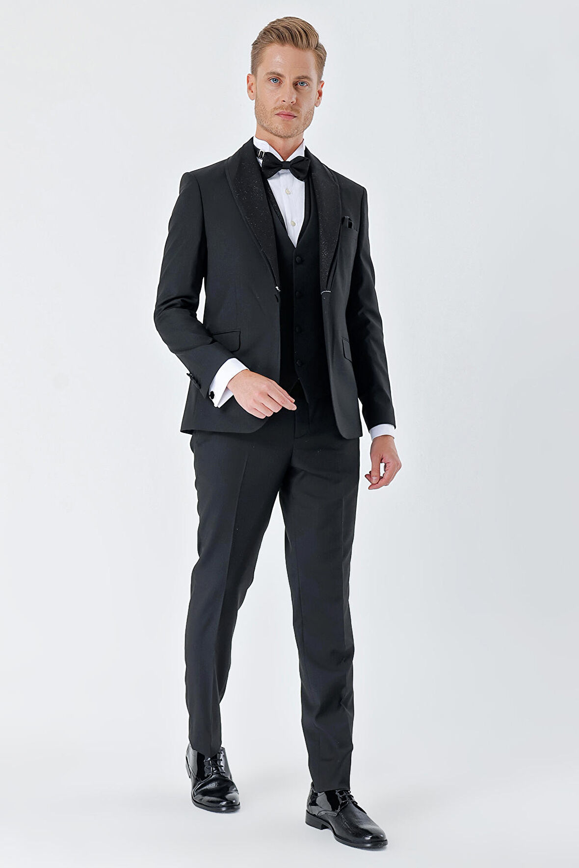 Çizgili Çıkarılabilir Şal Yaka Yelekli 6 Drop Slim Fit Smokin Damatlık Takım 1001230212 Siyah