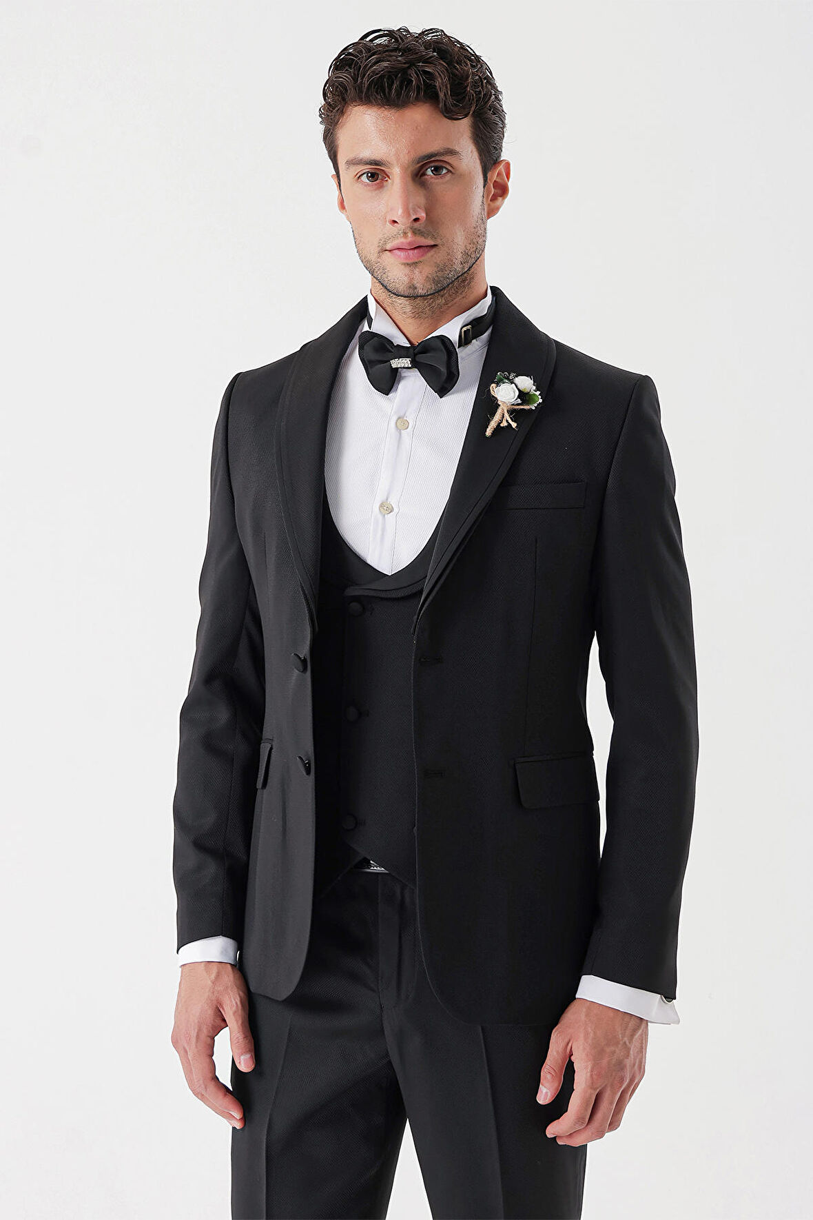 Desenli Armürlü Çıkarılabilir Şal Yaka Kruvaze 6 Drop Slim Fit Smokin Damatlık Takım 1001230214 Siyah