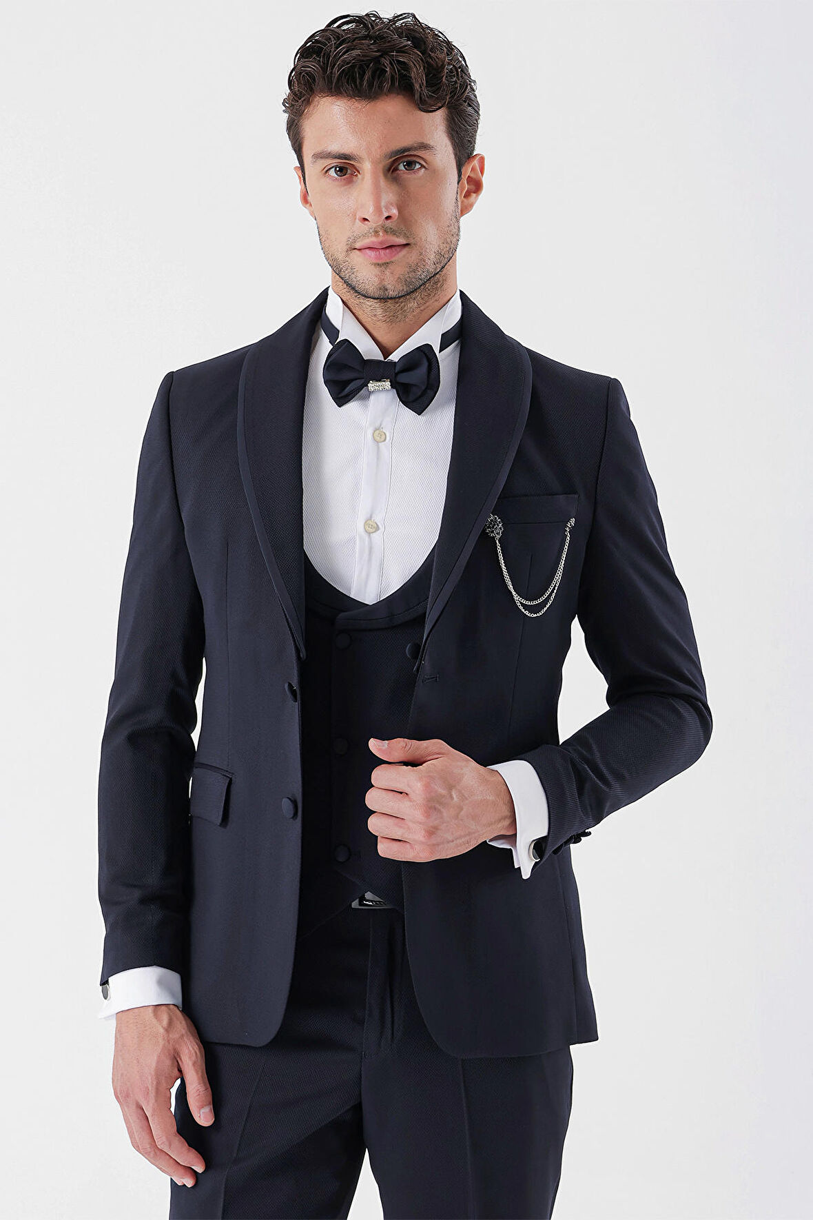 Desenli Armürlü Çıkarılabilir Şal Yaka Kruvaze 6 Drop Slim Fit Smokin Damatlık Takım 1001230214 Koyu Lacivert