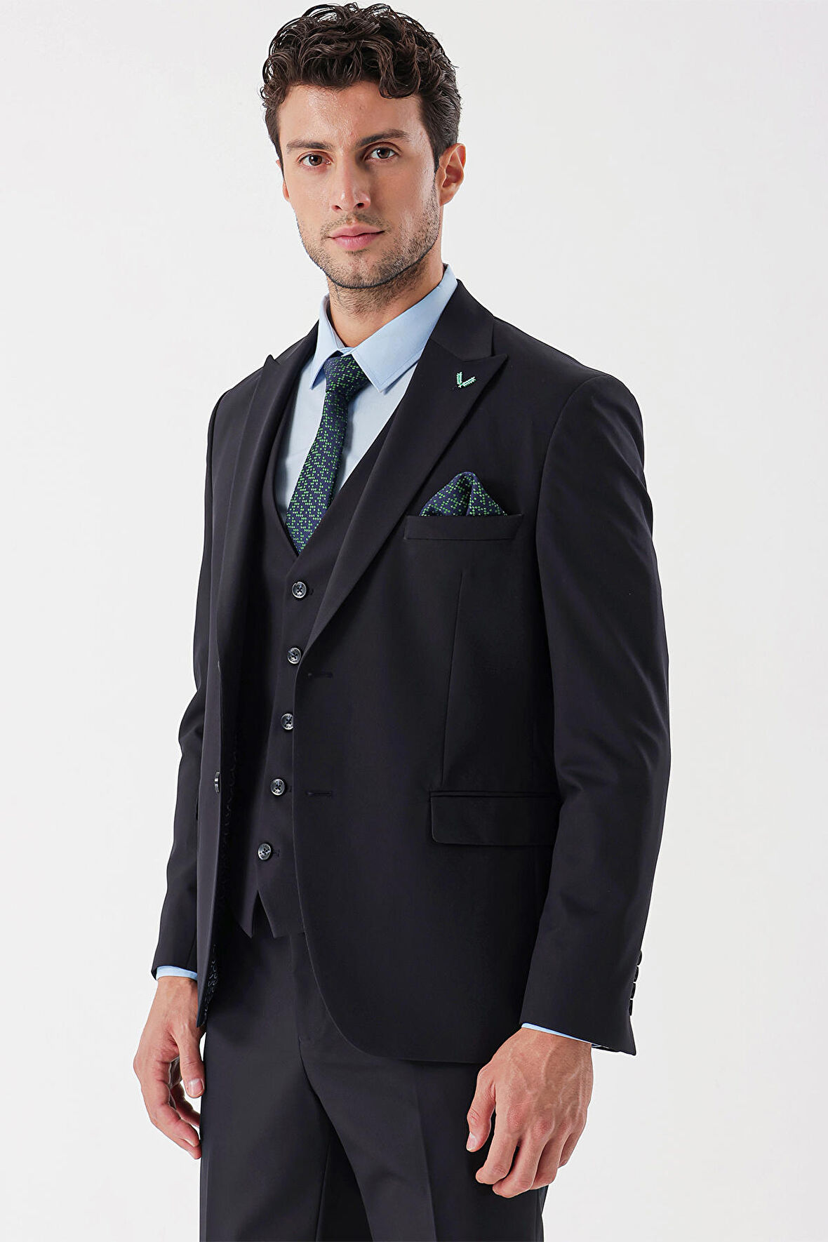Desenli Armürlü Kırlangıç Yaka Yelekli Likralı 6 Drop Slim Fit Takım Elbise 1001235154 Koyu Lacivert