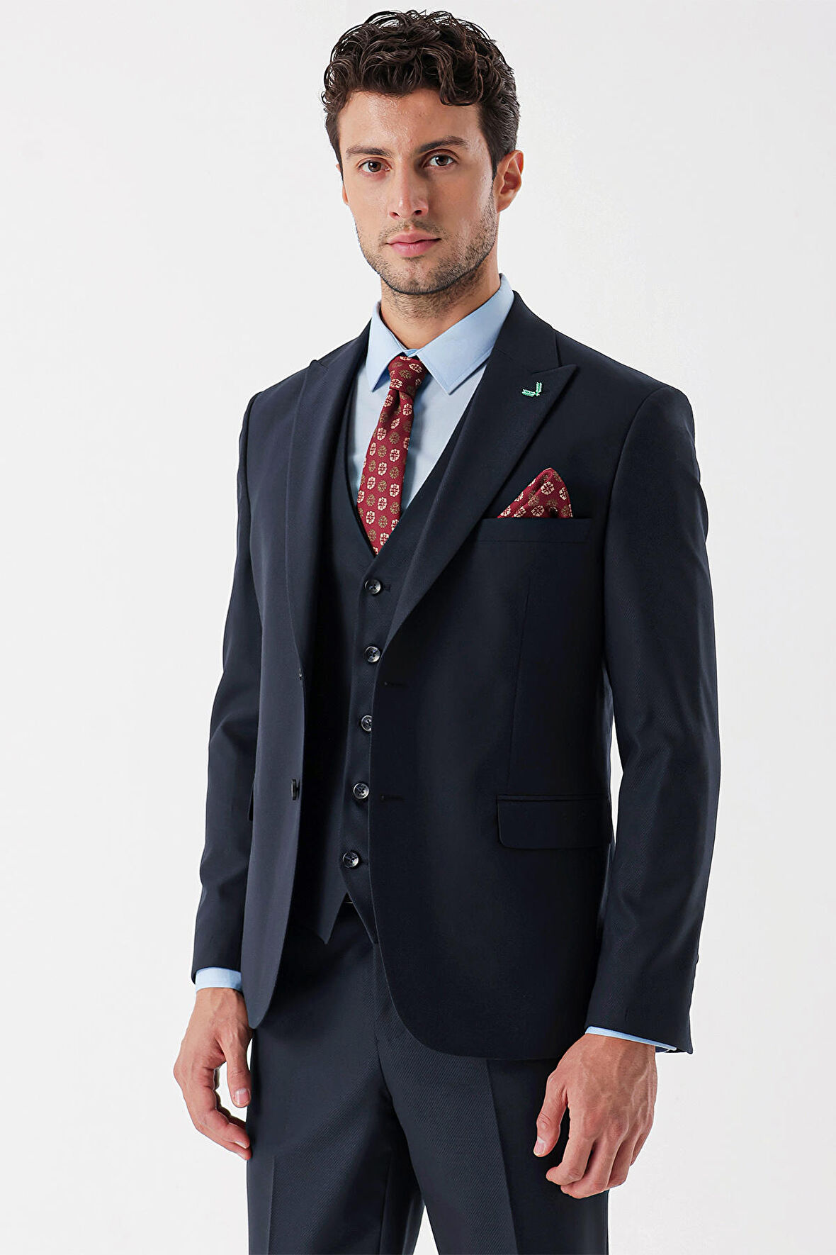 Desenli Armürlü Kırlangıç Yaka Yelekli Likralı 6 Drop Slim Fit Takım Elbise 1001235156 Koyu Lacivert