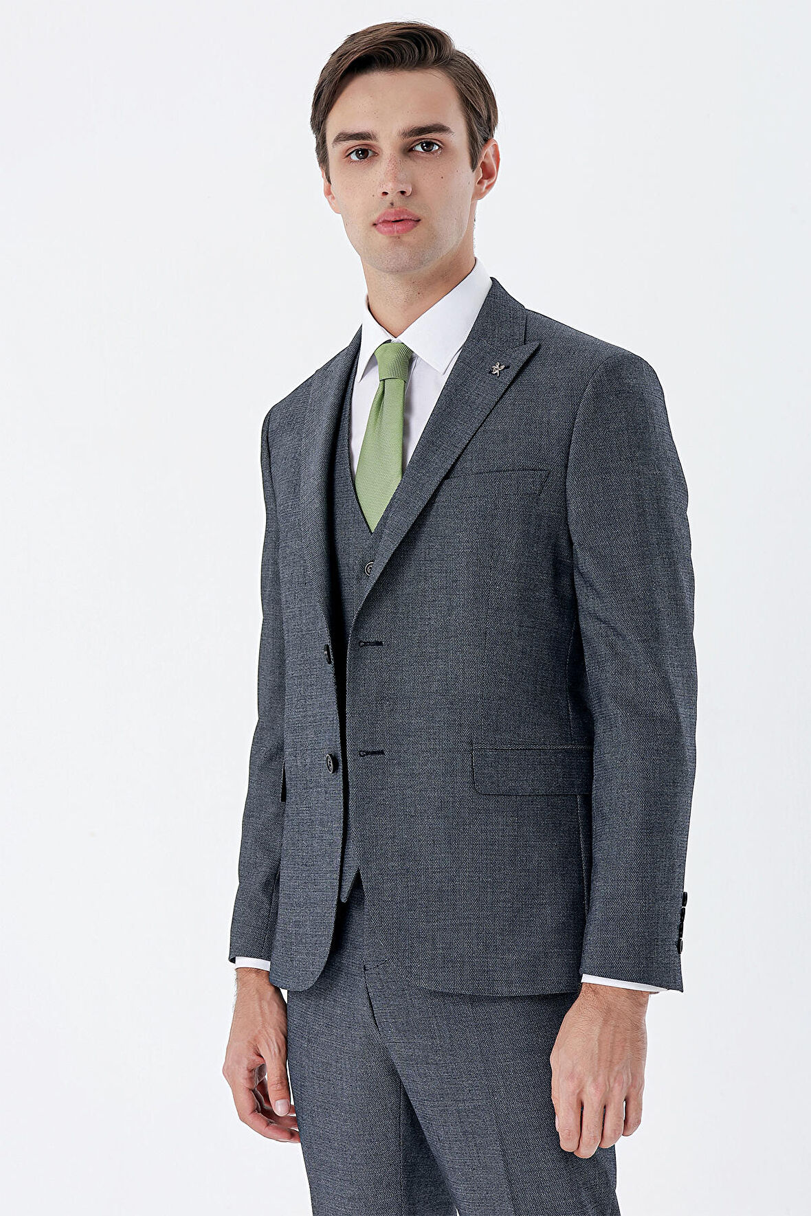Desenli Kırlangıç Yaka Yelekli 6 Drop Slim Fit Dar Kesim Klasik Takım Elbise 1001235159 Koyu Lacivert