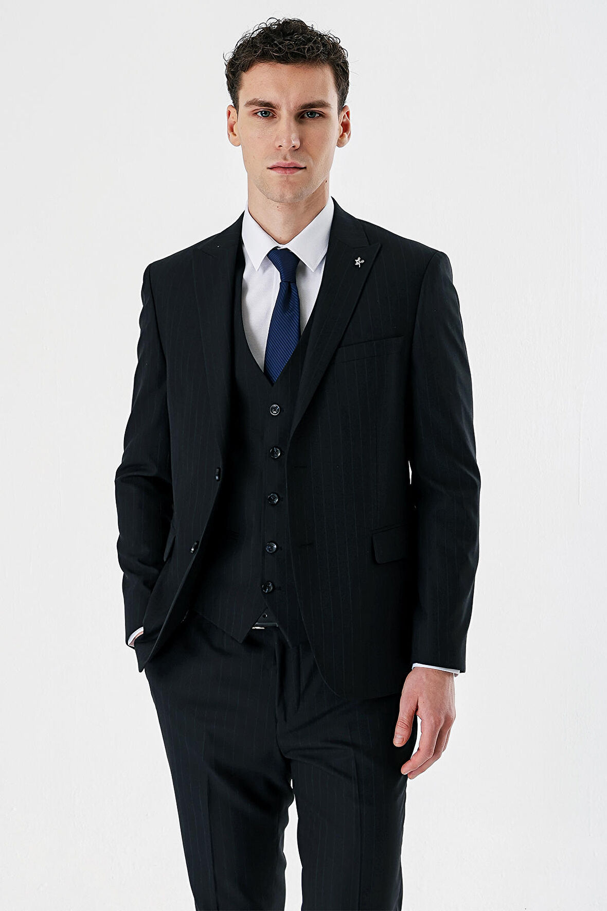 Siyah Kırlangıç Yaka Yelekli 6 Drop Slim Fit Dar Kesim Klasik Takım Elbise 1001235165