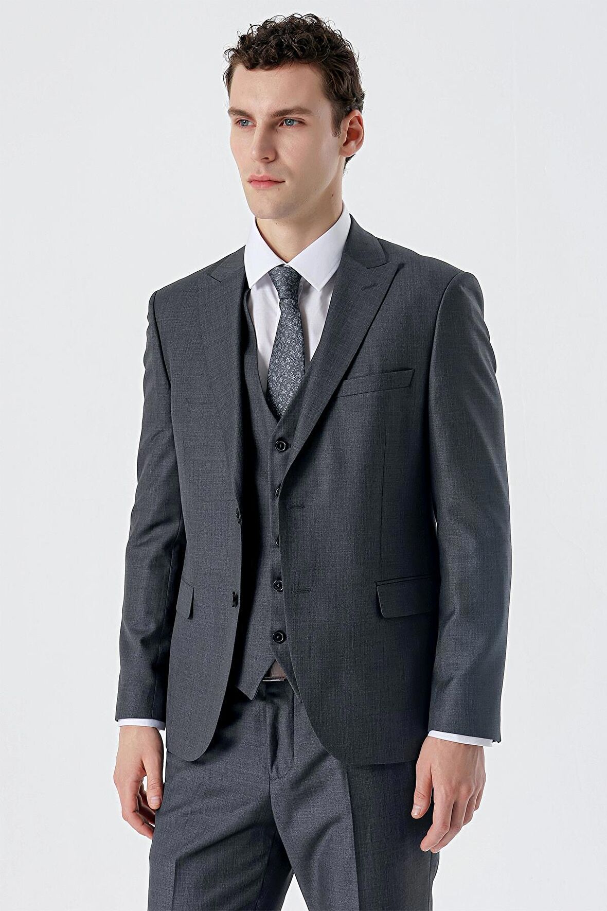 Koyu Füme Kırlangıç Yaka Yelekli 6 Drop Slim Fit Dar Kesim Klasik Takım Elbise 1001235166