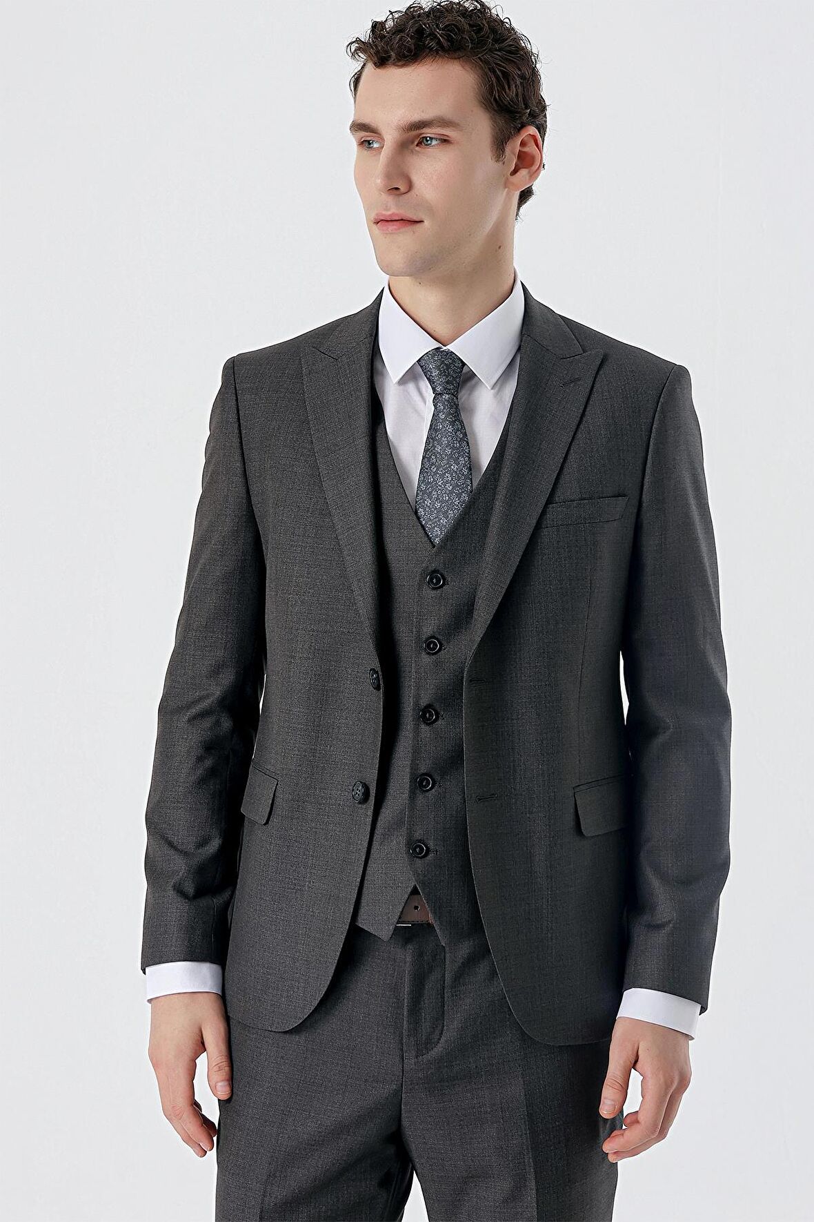 Açık Antrasit Kırlangıç Yaka Yelekli 6 Drop Slim Fit Dar Kesim Klasik Takım Elbise 1001235166