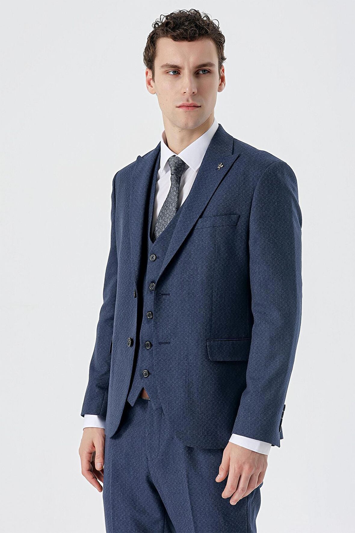 Kırlangıç Yaka Yelekli 6 Drop Slim Fit Dar Kesim Klasik Takım Elbise 1001235168 Koyu Lacivert