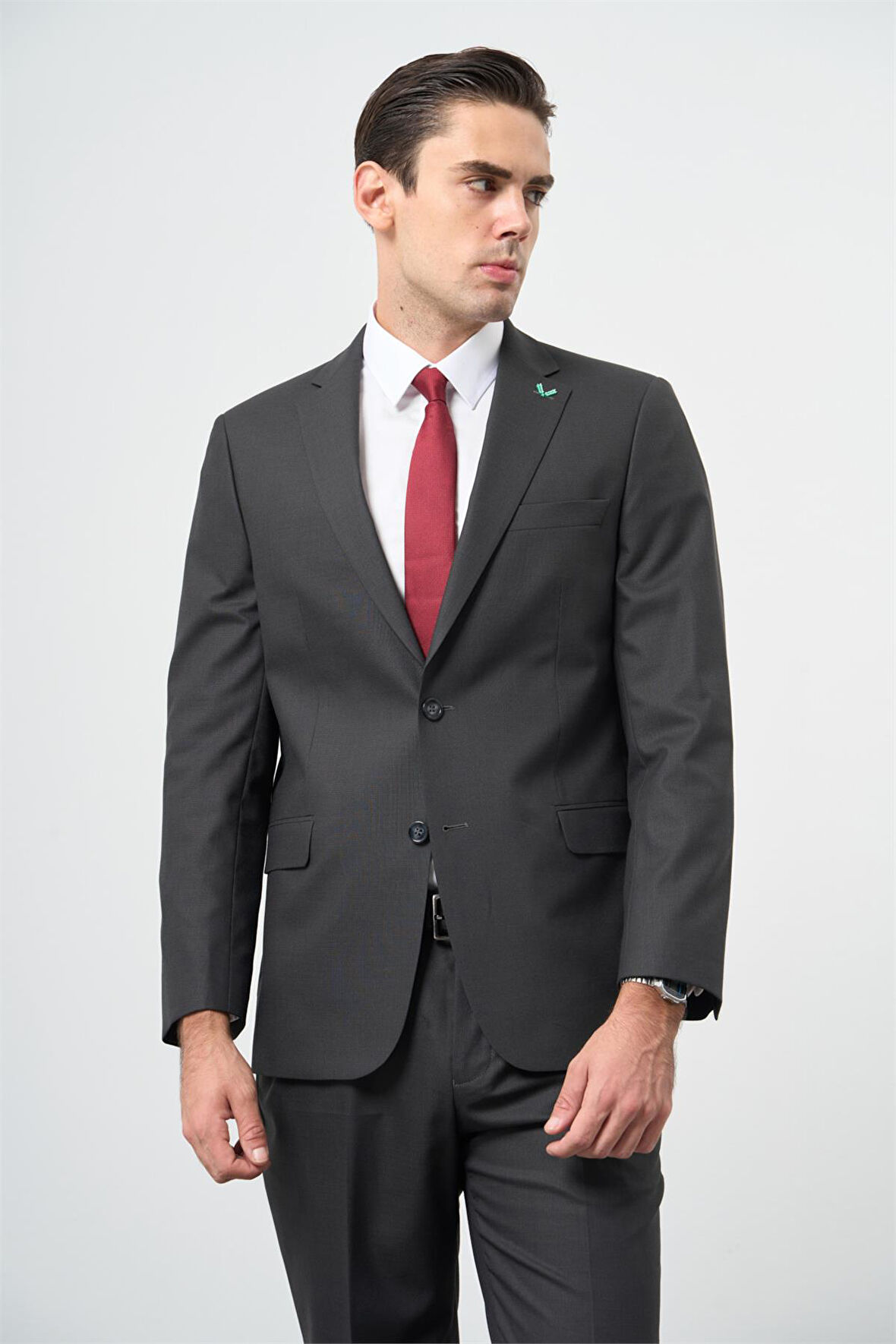 Koyu Antrasit Desenli Mono Yaka Yünlü Likralı 6 Drop Comfort Fit Rahat Kesim Klasik Takım Elbise 1001235904