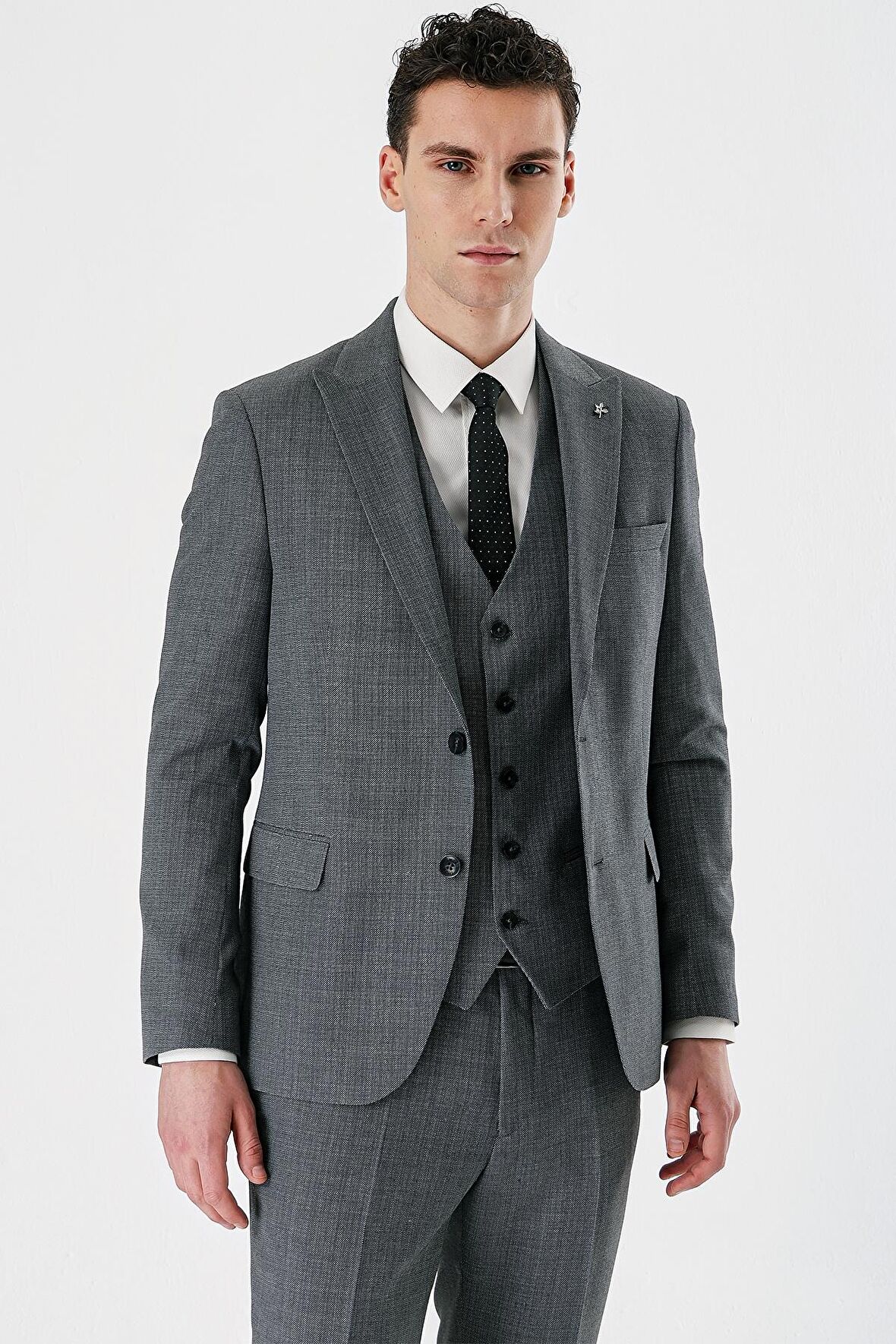 Füme Desenli Kırlangıç Yaka Yelekli 6 Drop Slim Fit Dar Kesim Klasik Takım Elbise 1001240157