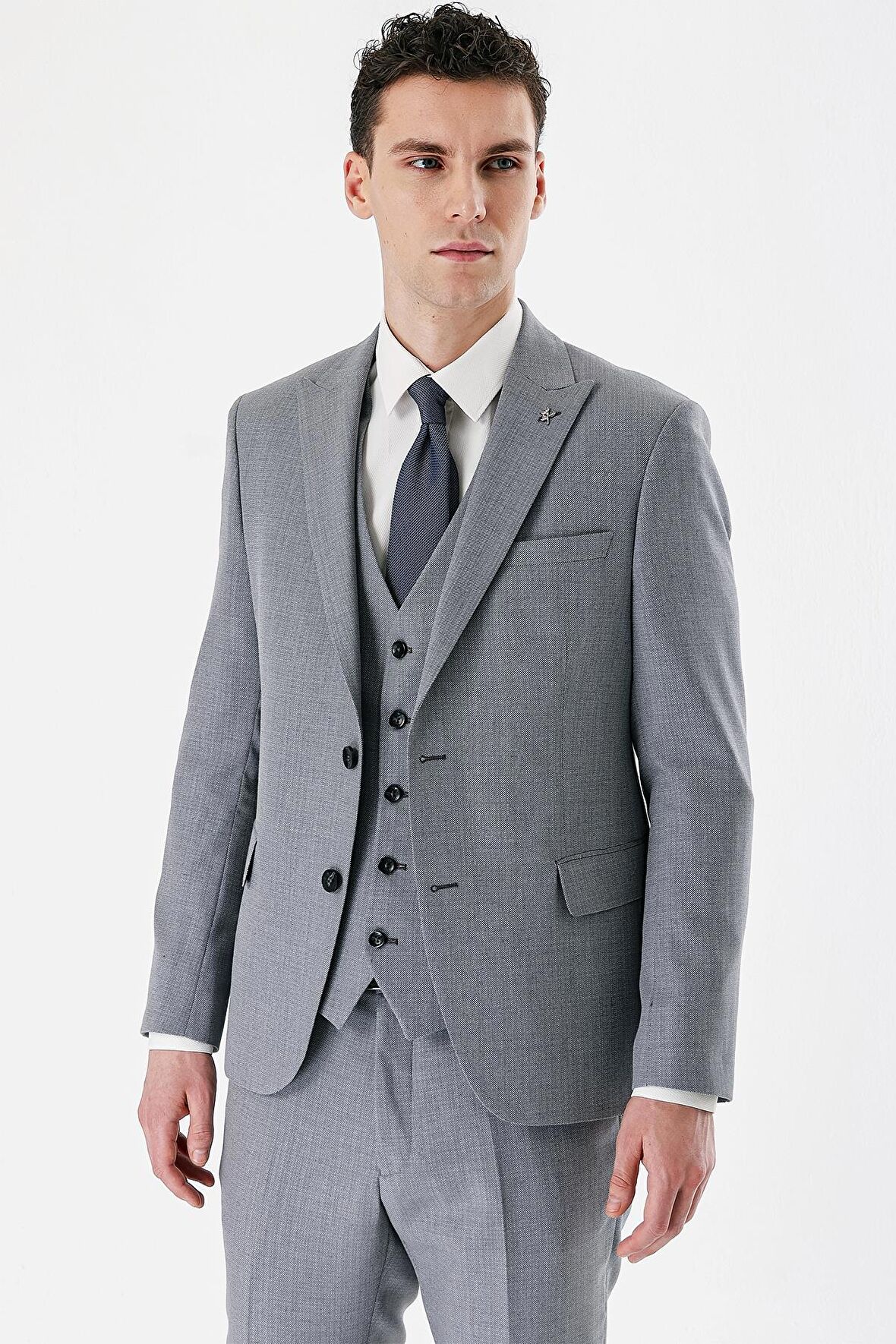 Gri Desenli Kırlangıç Yaka Yelekli 6 Drop Slim Fit Dar Kesim Klasik Takım Elbise 1001240157