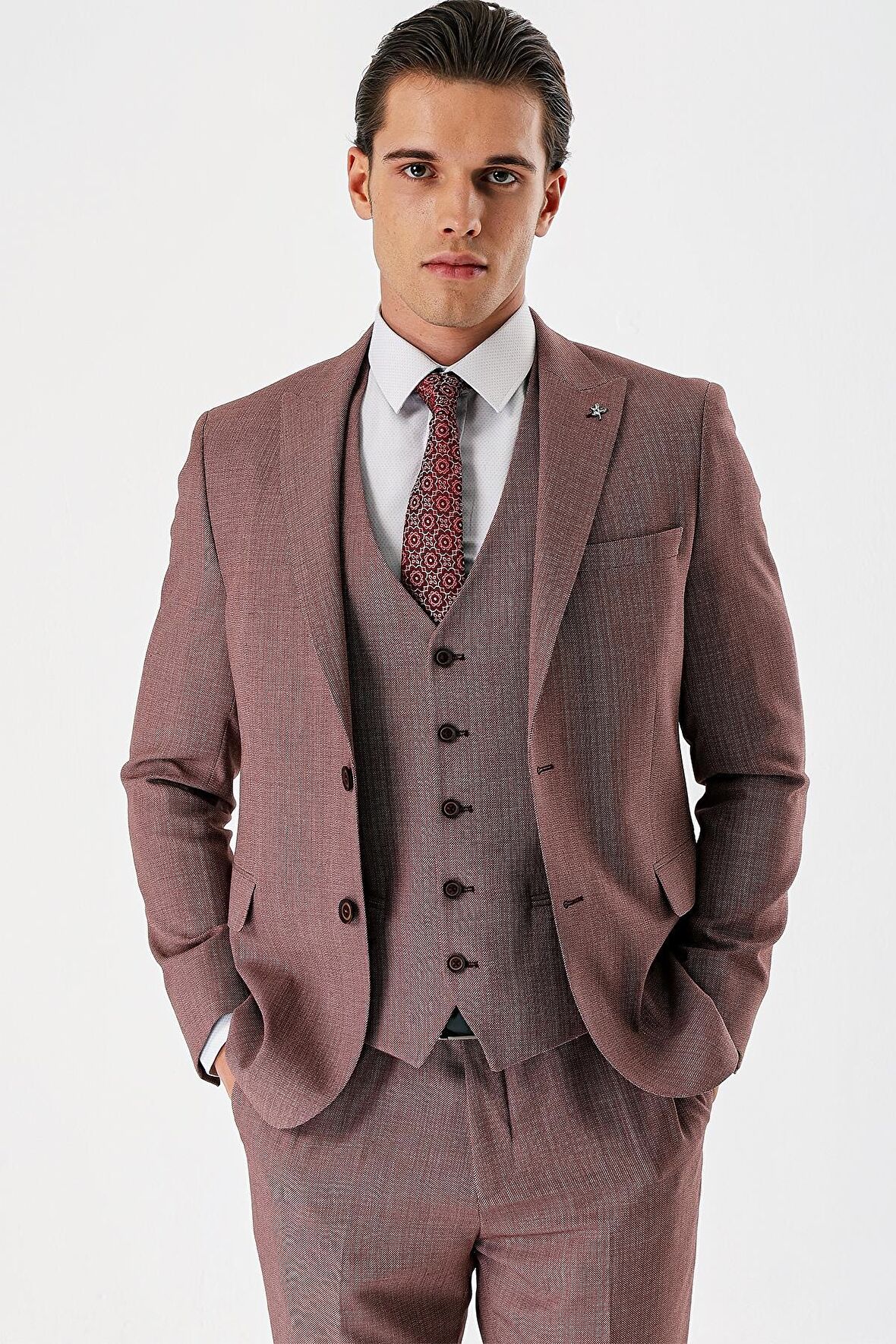 Koyu Vizon Desenli Kırlangıç Yaka Yelekli 6 Drop Slim Fit Dar Kesim Klasik Takım Elbise 1001240157