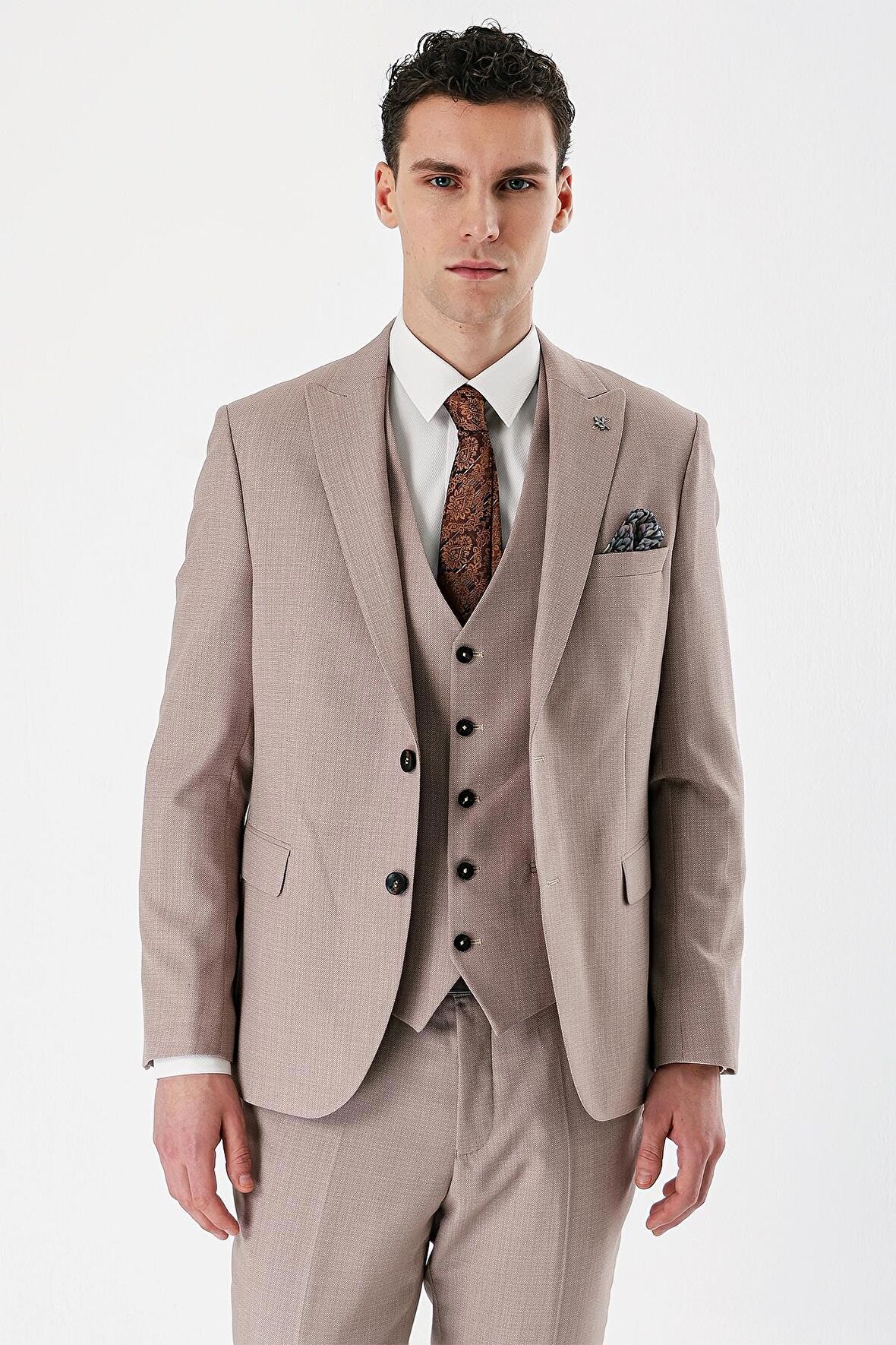 Bej Desenli Kırlangıç Yaka Yelekli 6 Drop Slim Fit Dar Kesim Klasik Takım Elbise 1001240157