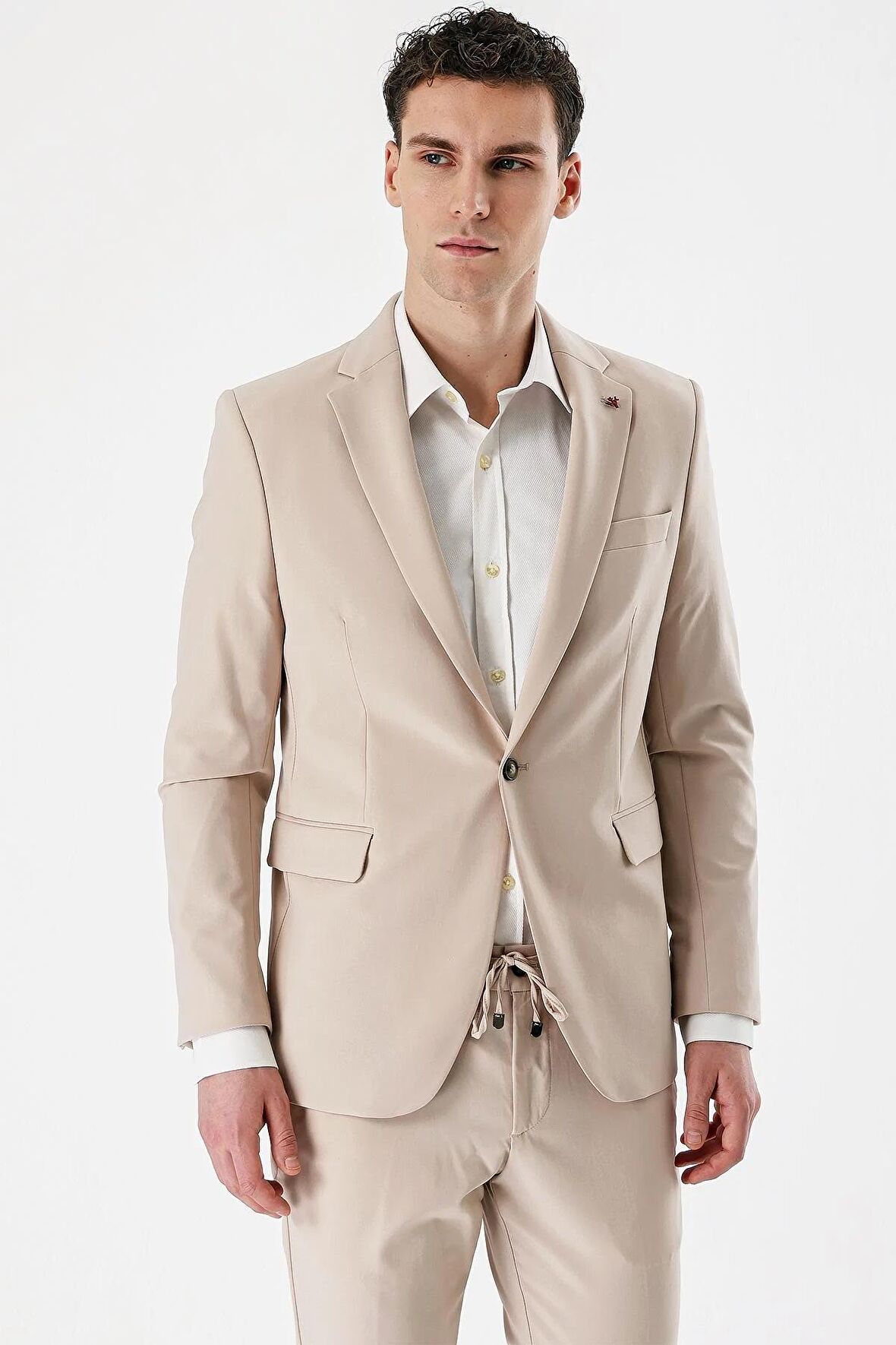 Açık Bej Mono Yaka Çift Yırtmaç Likralı 6 Drop Slim Fit Dar Kesim Klasik Takım Elbise 1001240164
