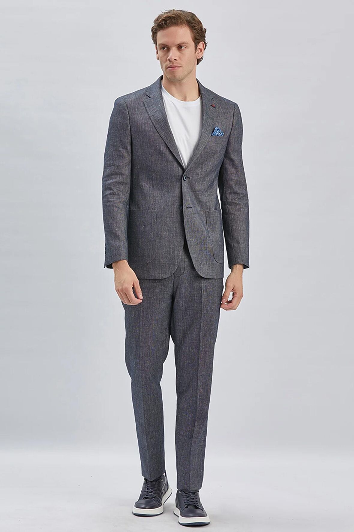 Koyu Lacivert Armürlü Mono Yaka Keten Karışımlı 6 Drop Slim Fit Dar Kesim Casual Takım Elbise 1001240169