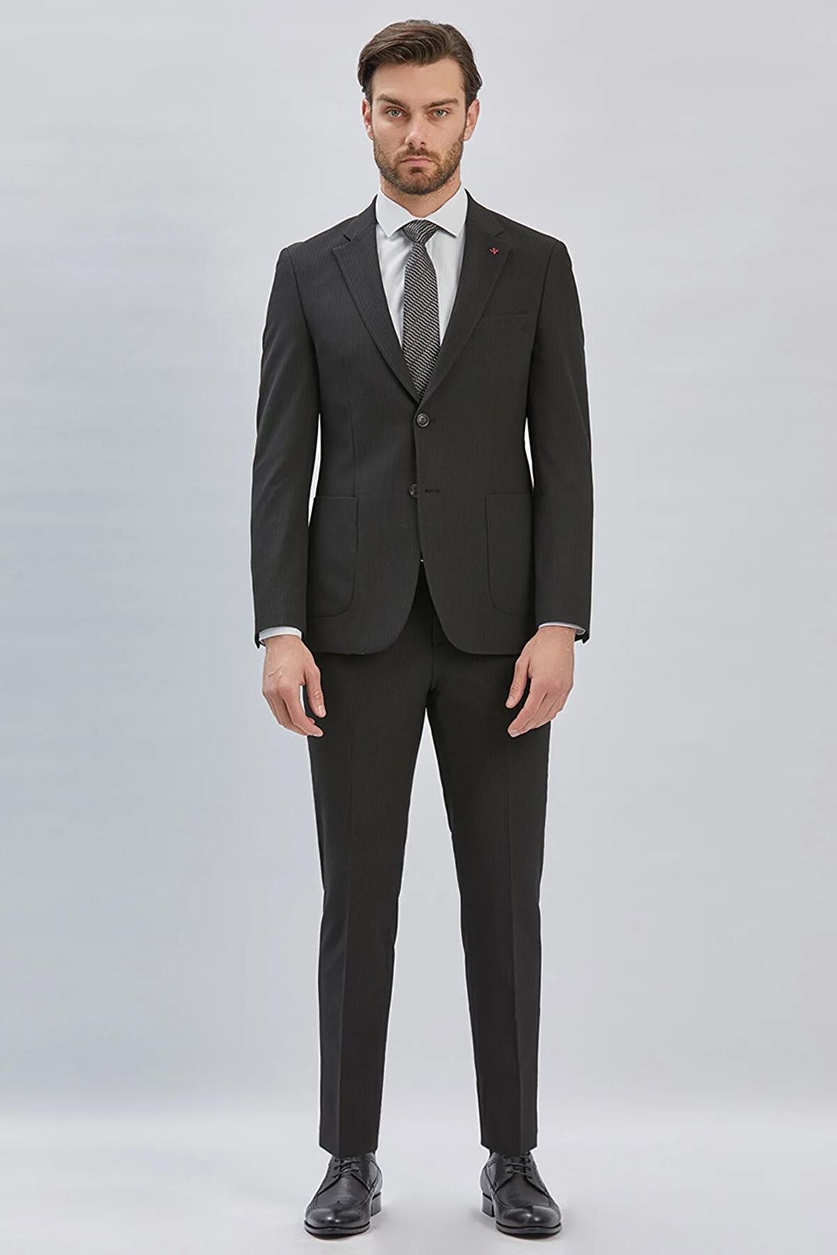 Siyah Çizgili Mono Yaka Astarlı Likralı 6 Drop Slim Fit Dar Kesim Casual Takım Elbise 1001240171