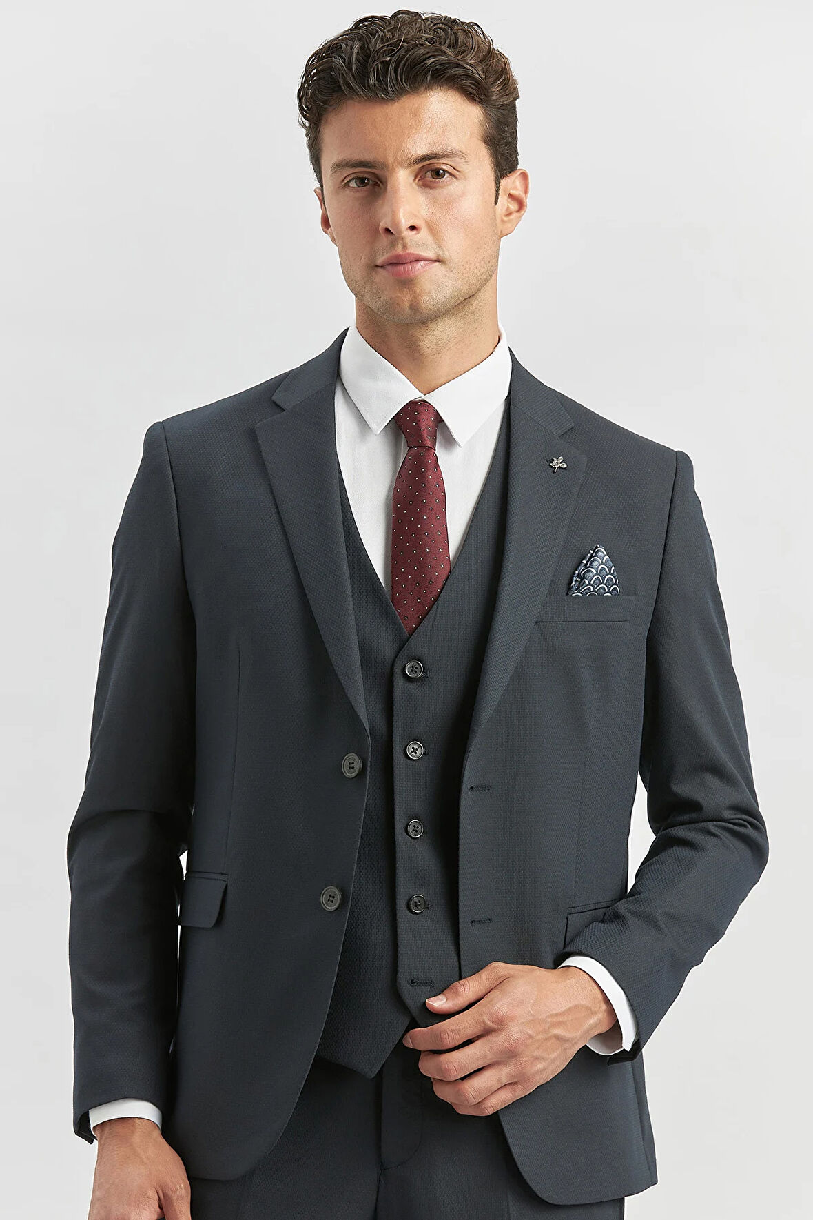 Koyu Lacivert Desenli Armürlü Mono Yaka Yelekli Likralı 6 Drop Slim Fit Takım Elbise 1001240180