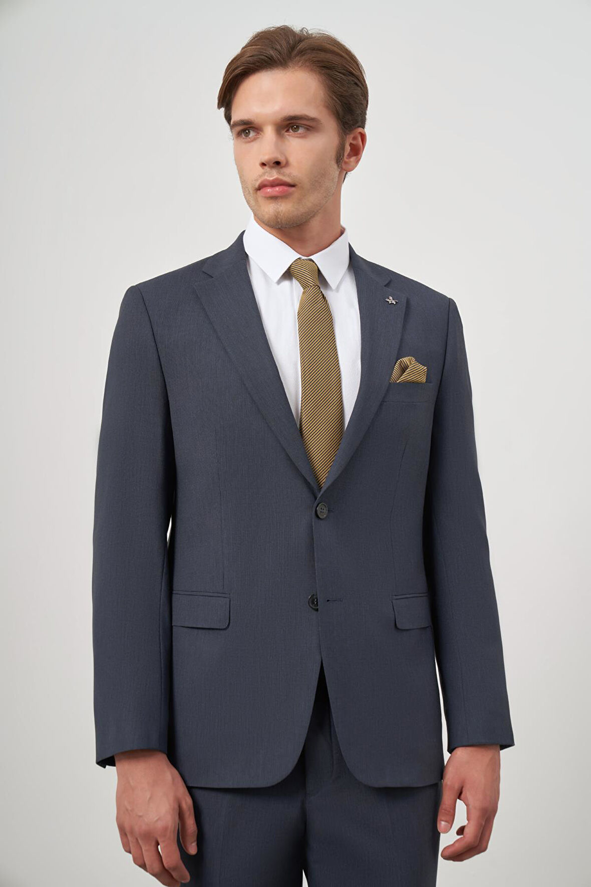 Koyu Lacivert Kendinden Desenli Bez Ayağı Mono Yaka Tam Astar Tek Yırtmaç 2 Düğme 6 Drop Comfort Fit Classic Takım Elbise 1001240189