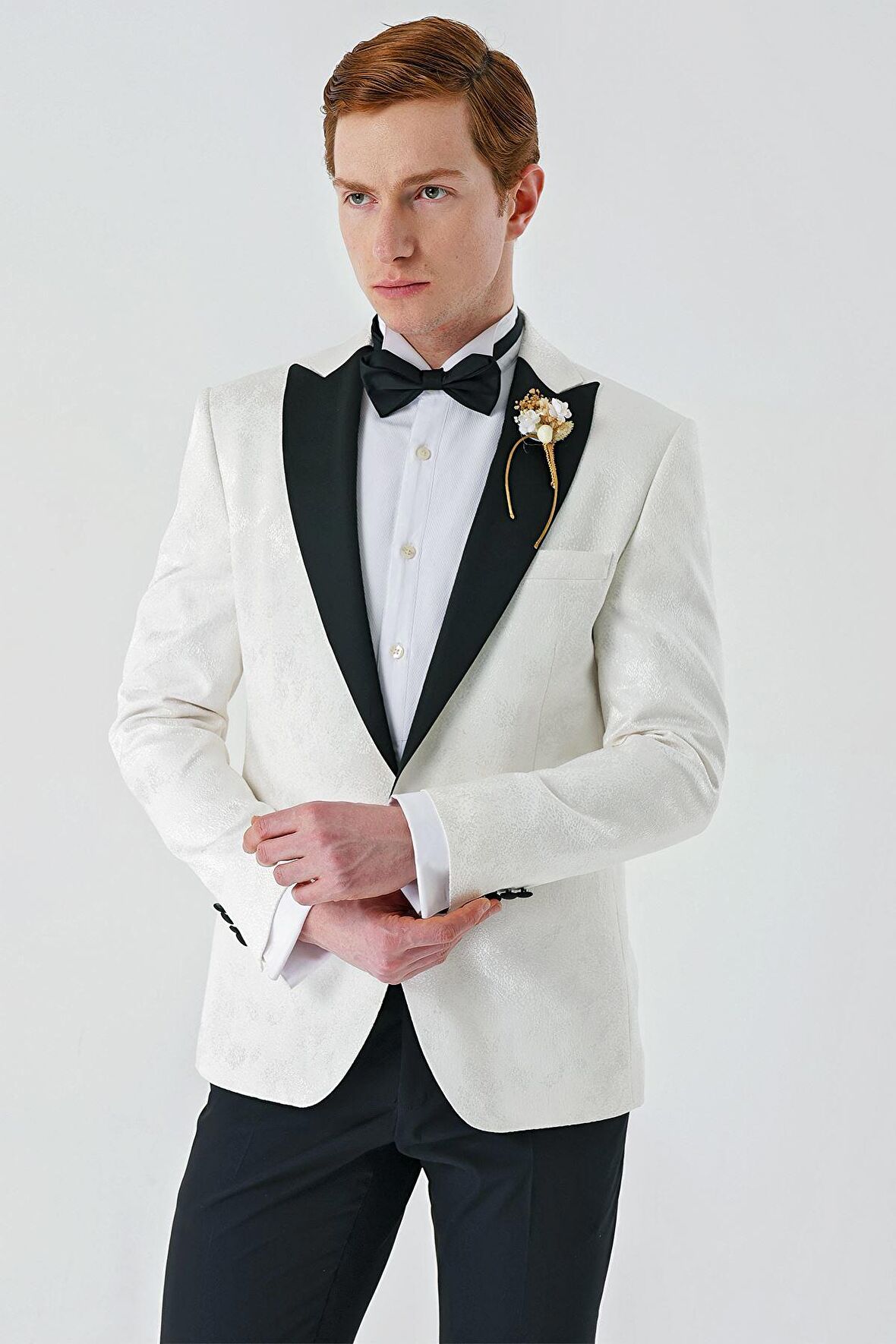 Açık Krem Çıkarılabilir Kırlangıç Yaka Likralı 6 Drop Slim Fit Smokin Damatlık 1001240204