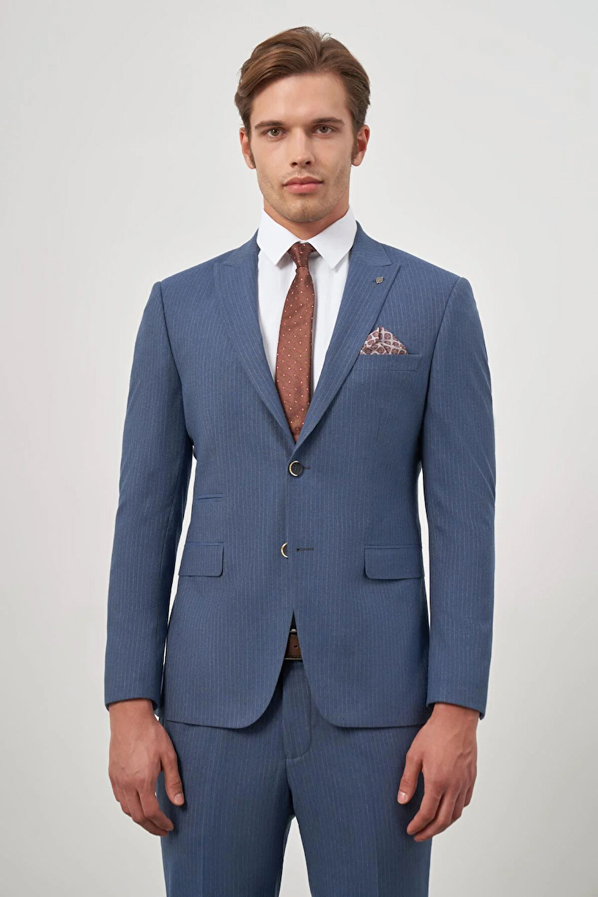 Lacivert Çizgili Mono Yaka Astarlı 6 Drop Slim Fit Dar Kesim Takım Elbise 1001245106