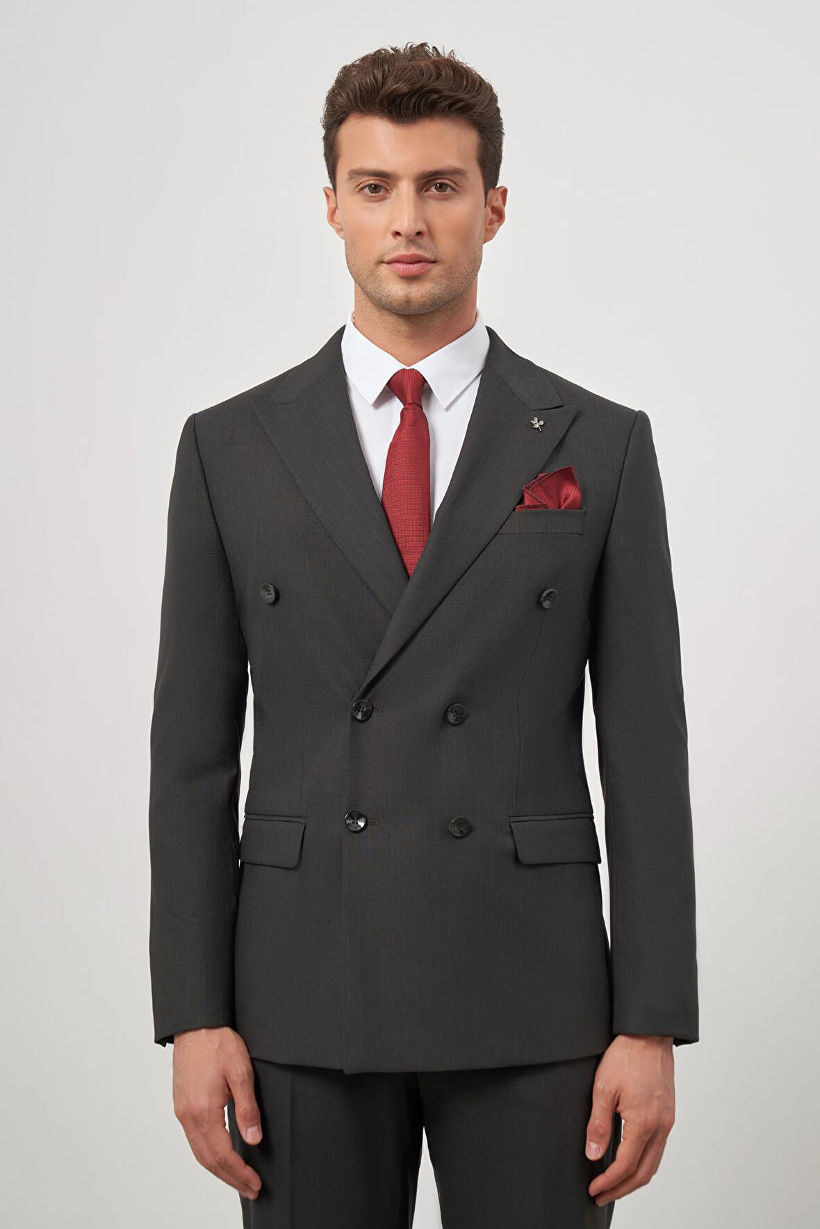 Siyah Kendinden Çizgili Desen Bez Ayağı Kılıç Yaka Tam Astar Çift Yırtmaç Kruvaze 6 Drop Slim Fit Classic Takım Elbise 1001245157