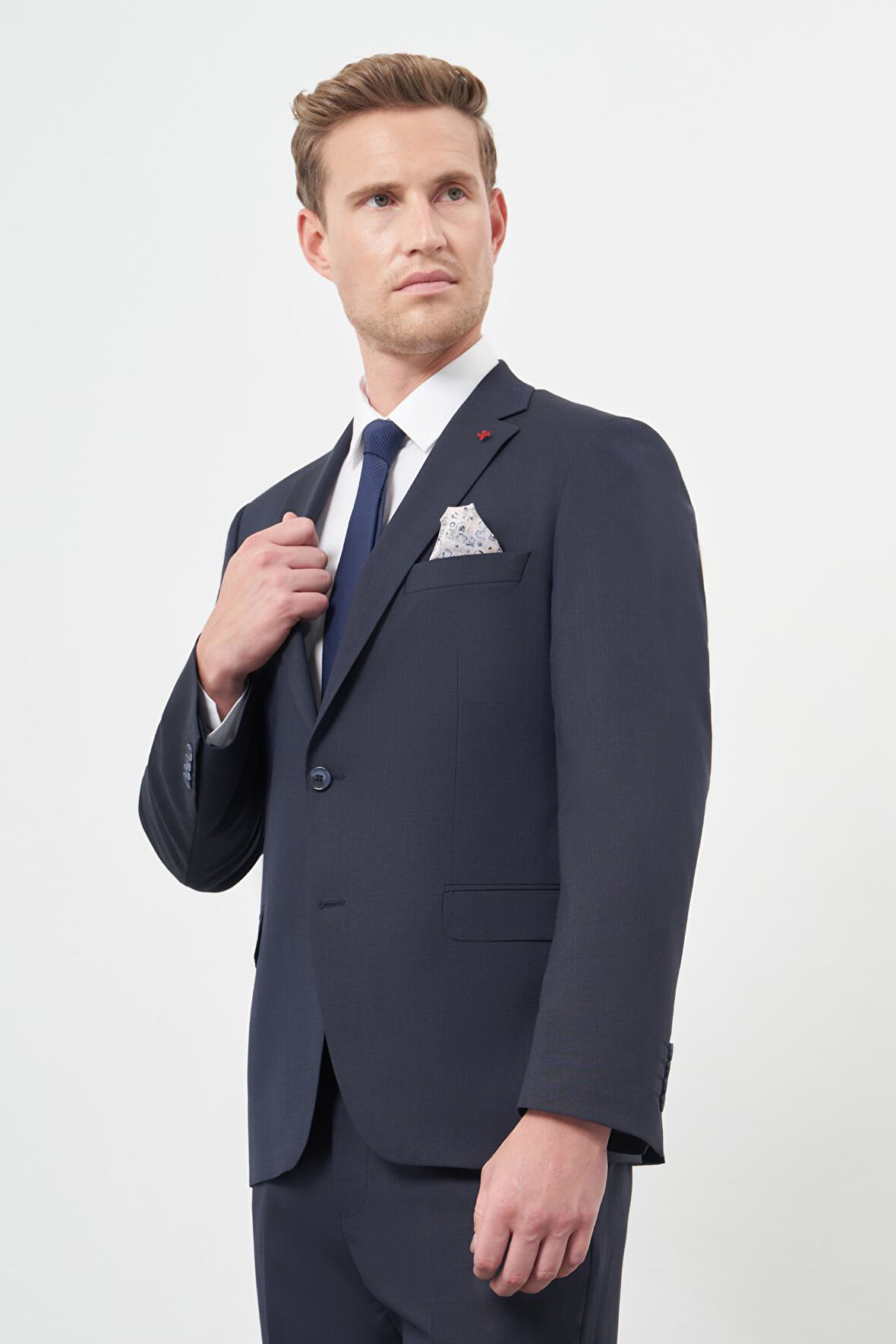 Koyu Lacivert Düz Bez Ayağı Mono Yaka Tam Astar Çift Yırtmaç 2 Düğme 6 Drop Comfort Fit Classic Takım Elbise 1001245167