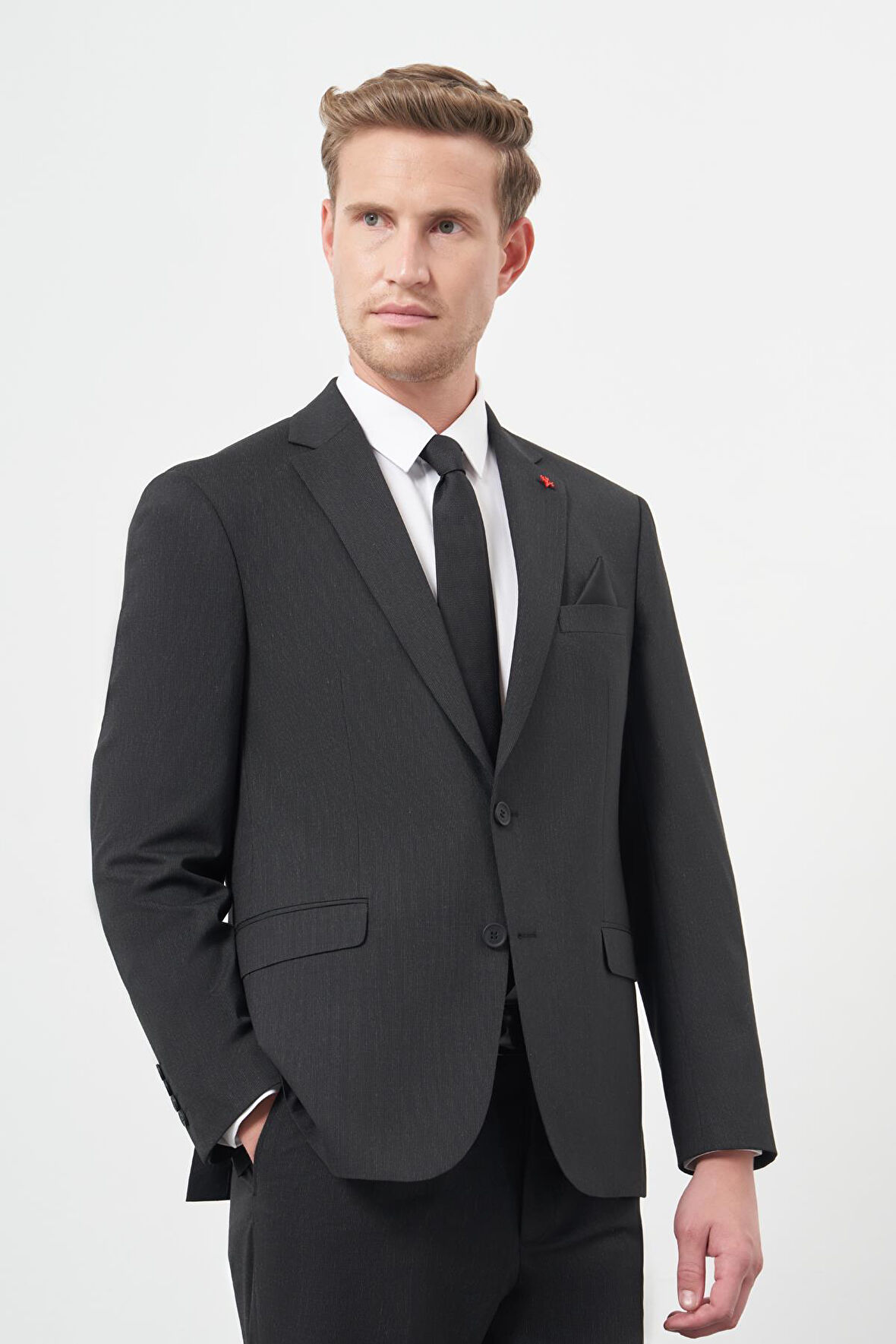 Siyah Kendinden Desenli Bez Ayağı Mono Yaka Tam Astar Çift Yırtmaç 2 Düğme 4 Drop Comfort Fit Classic Takım Elbise 1001245168