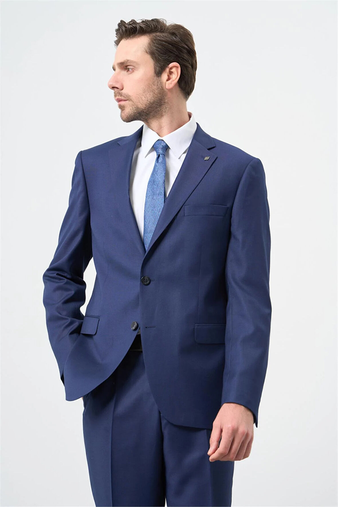 Koyu Lacivert Kendinden Desenli Bez Ayağı Mono Yaka Tam Astar Çift Yırtmaç 2 Düğme 6 Drop Comfort Fit Classic Takım Elbise 1001245169